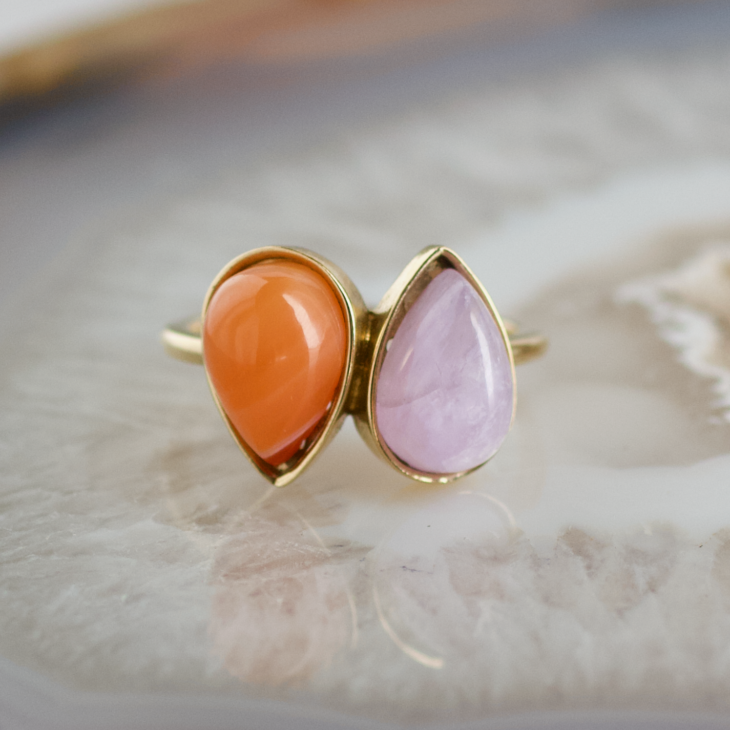 double pear carnelian and amethyst stone gold ring