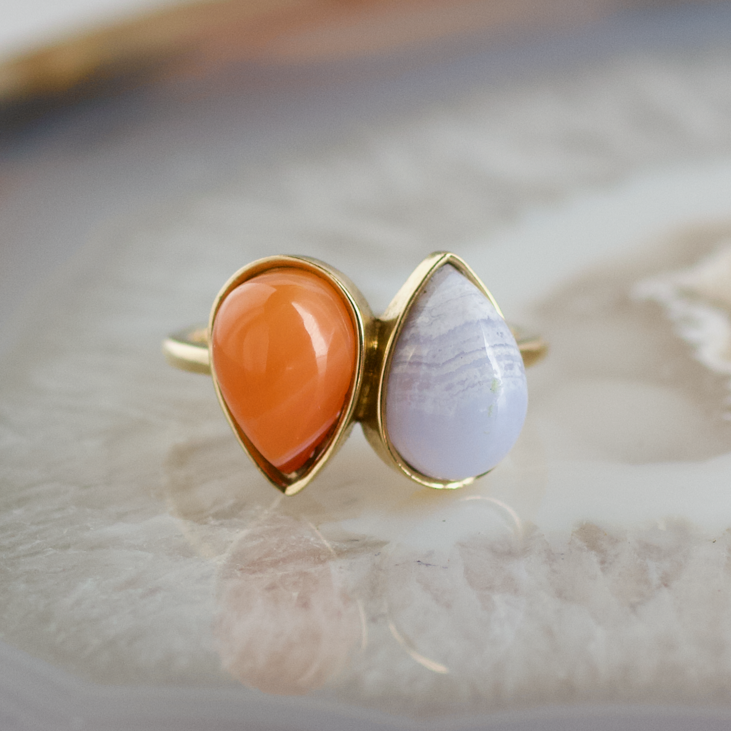 double pear carnelian and blue lace agate stone gold ring