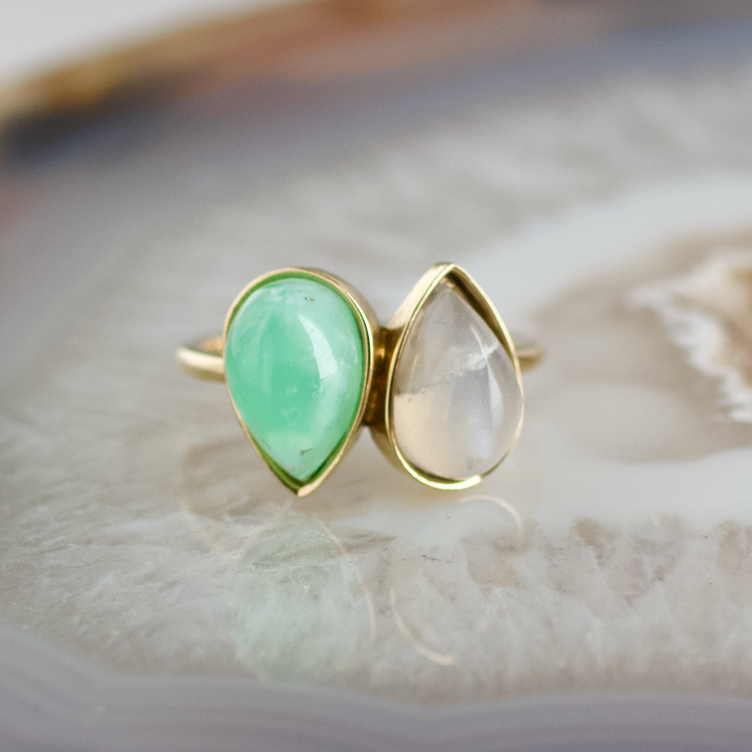 double pear chrysoprase and moonstone stone gold ring