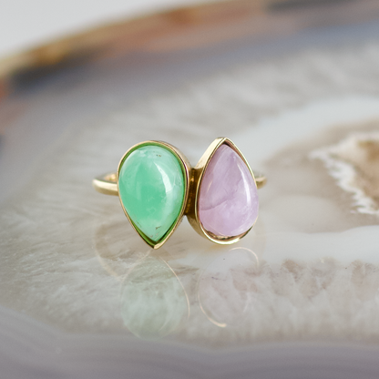 double pear chrysoprase and amethyst stone gold ring