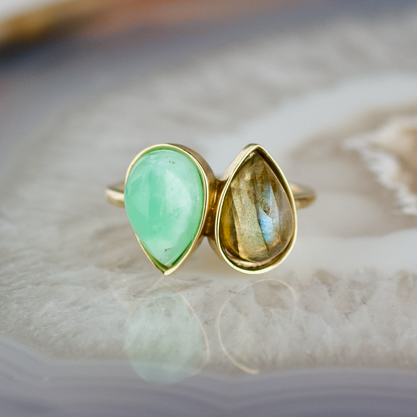 double pear chrysoprase and labradorite stone gold ring