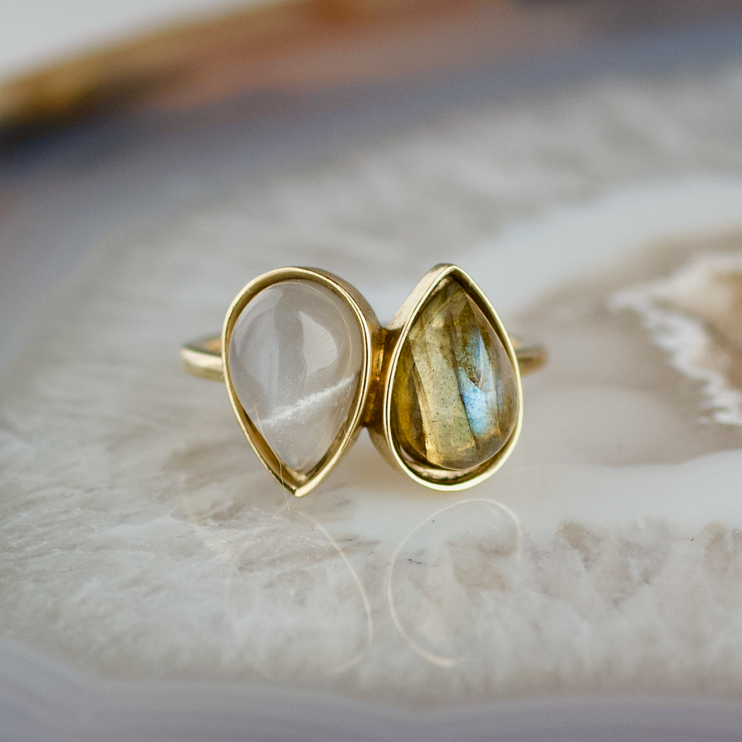 double pear labradorite and moonstone stone gold ring