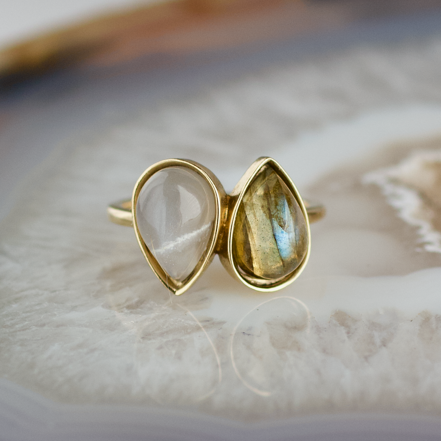 double pear labradorite and moonstone stone gold ring