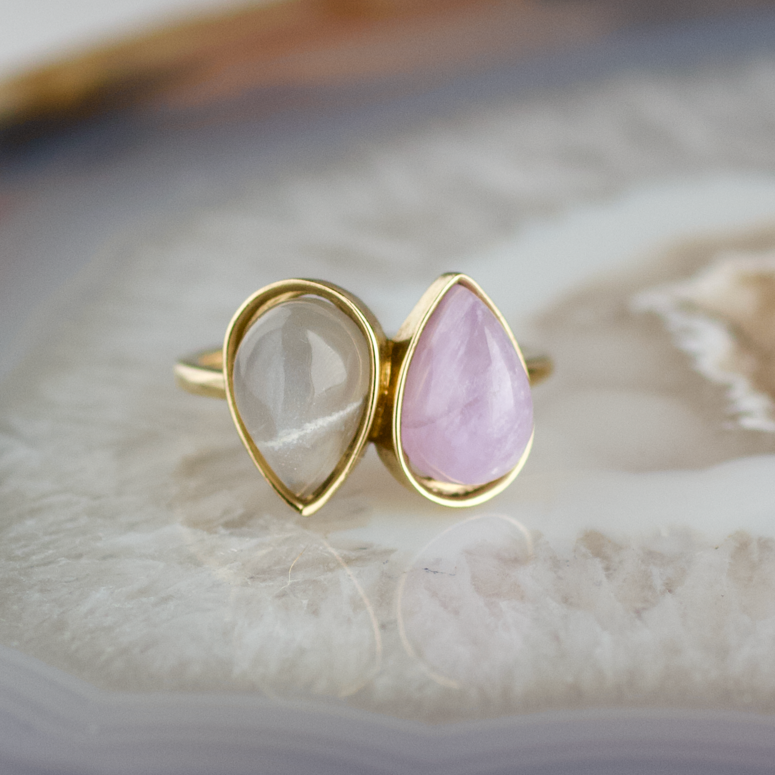 double pear amethyst and moonstone stone gold ring