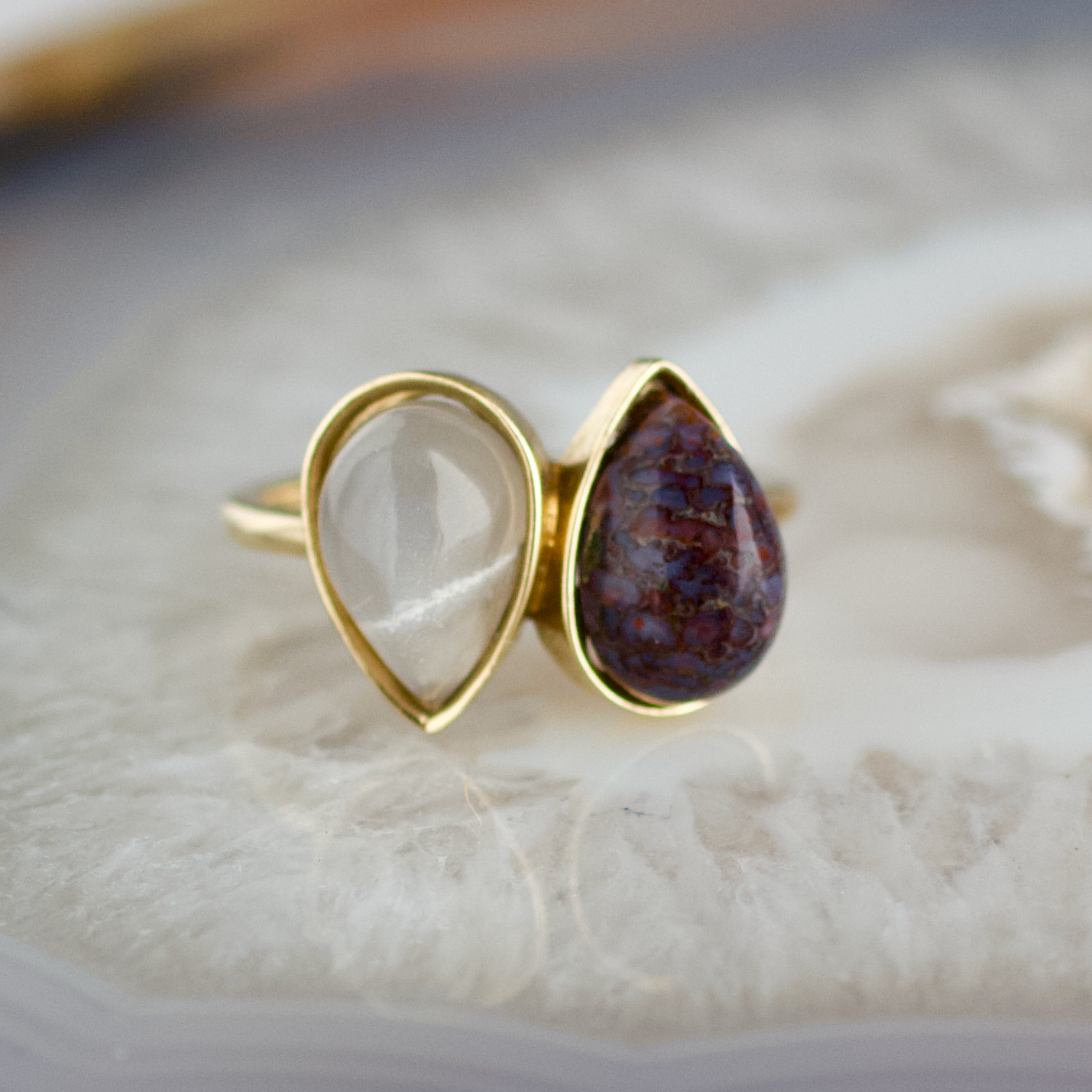 double pear moonstone and dinosaur bone stone gold ring