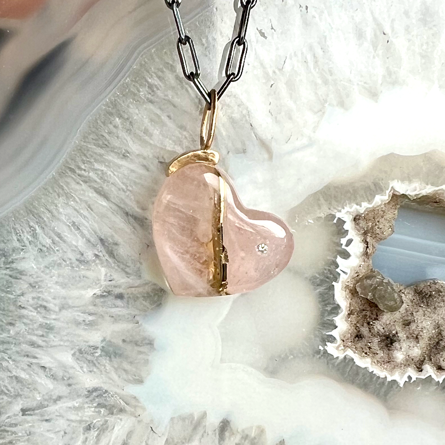Rose Quartz and Diamond Gold Kintsugi Heart Pendant