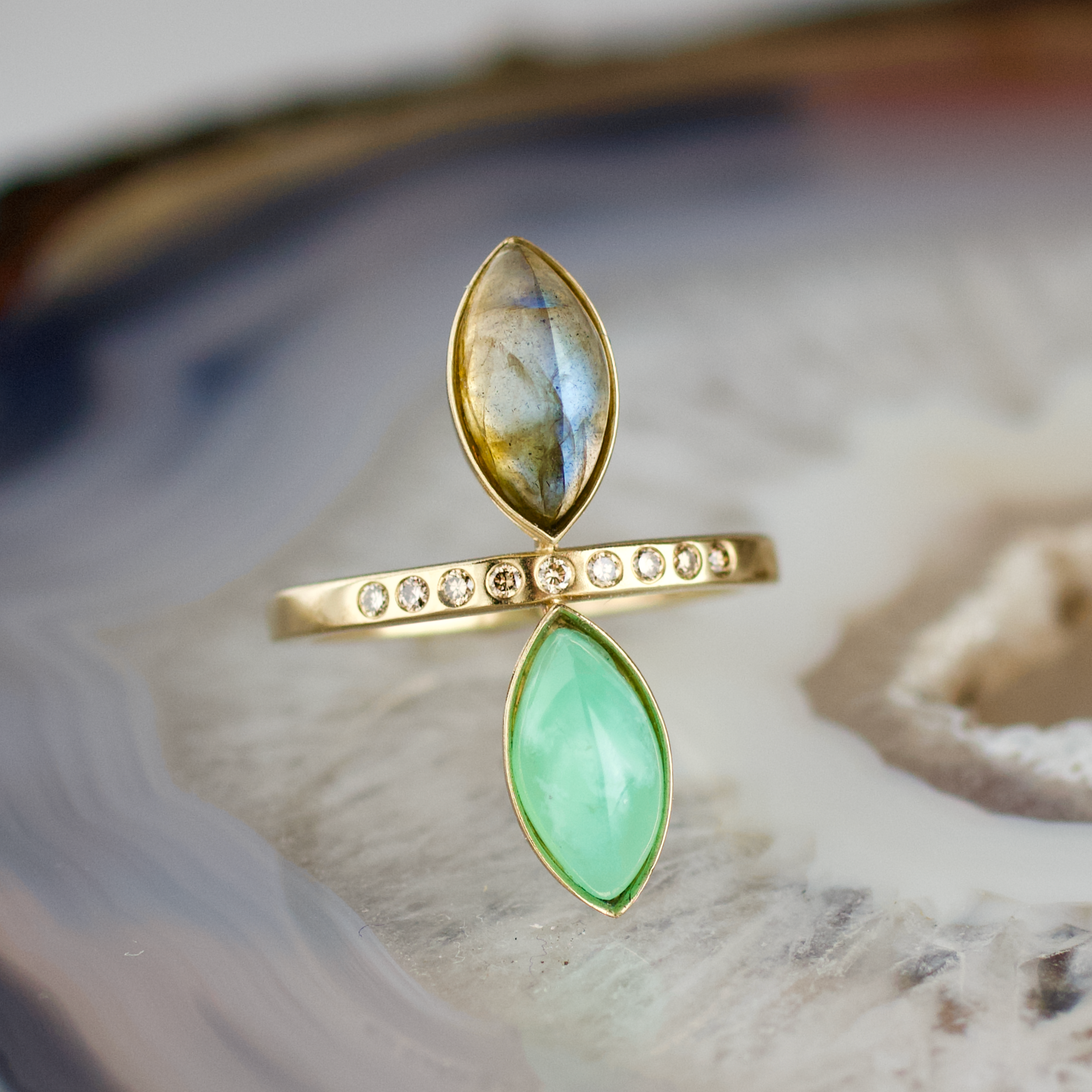 double marquise chrysoprase and labradorite stone gold ring champagne diamonds