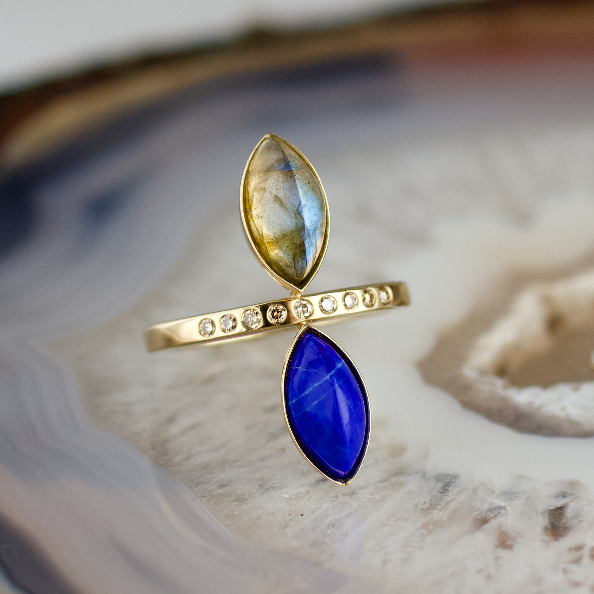 double marquise lapis and labradorite stone gold ring champagne diamonds