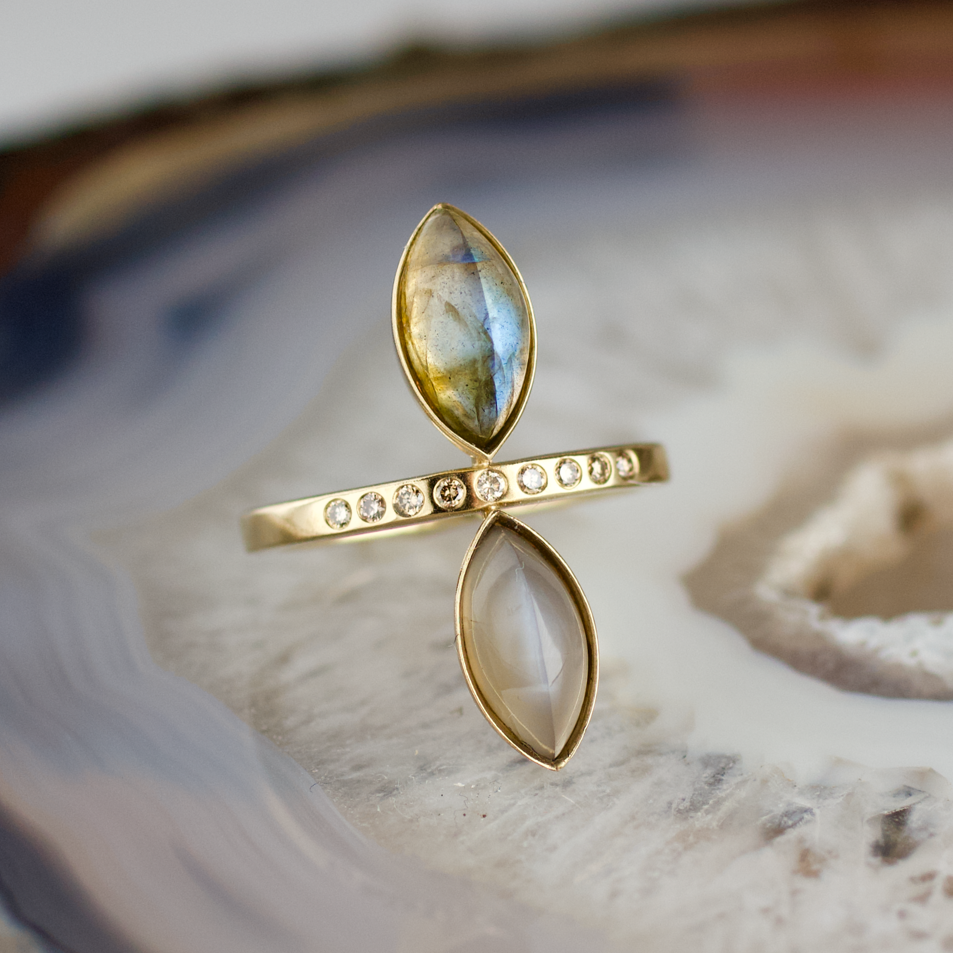 double marquise moonstone and labradorite stone gold ring champagne diamonds