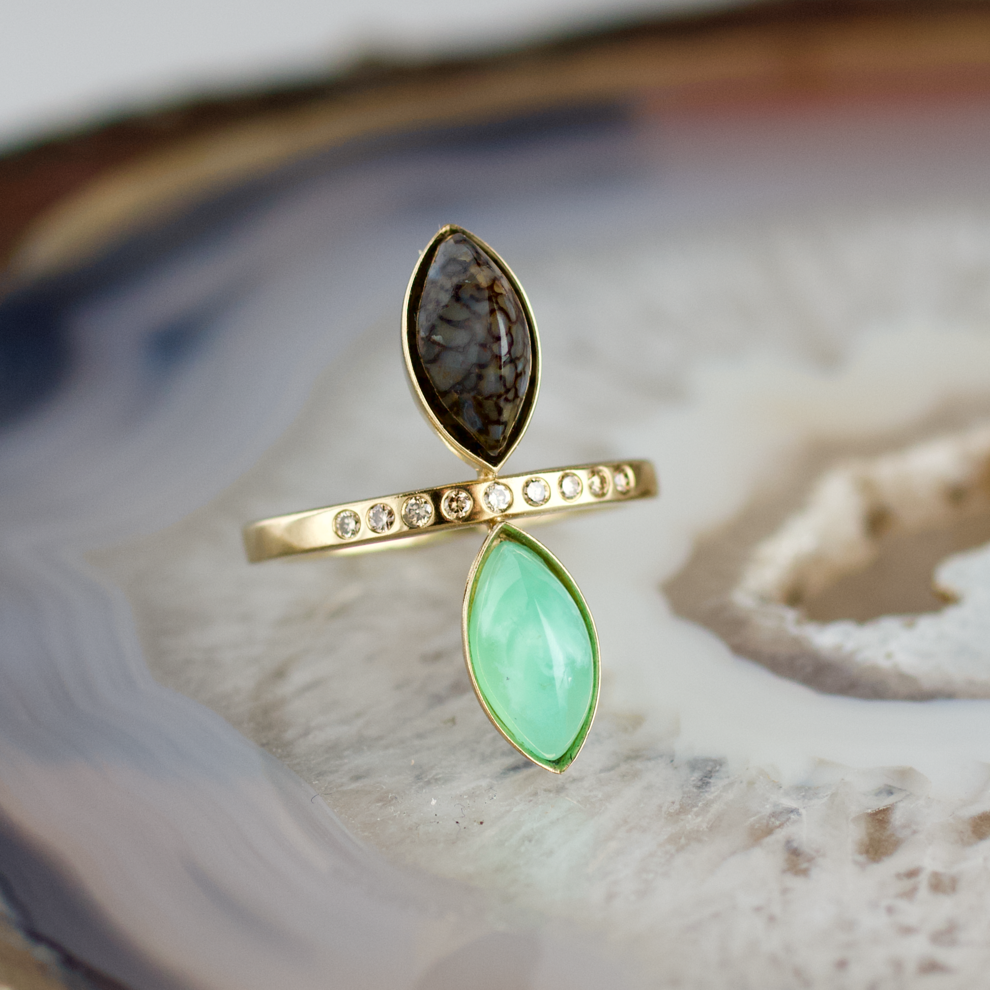 double marquise dinosaur bone and chrysoprase stone gold ring champagne diamonds
