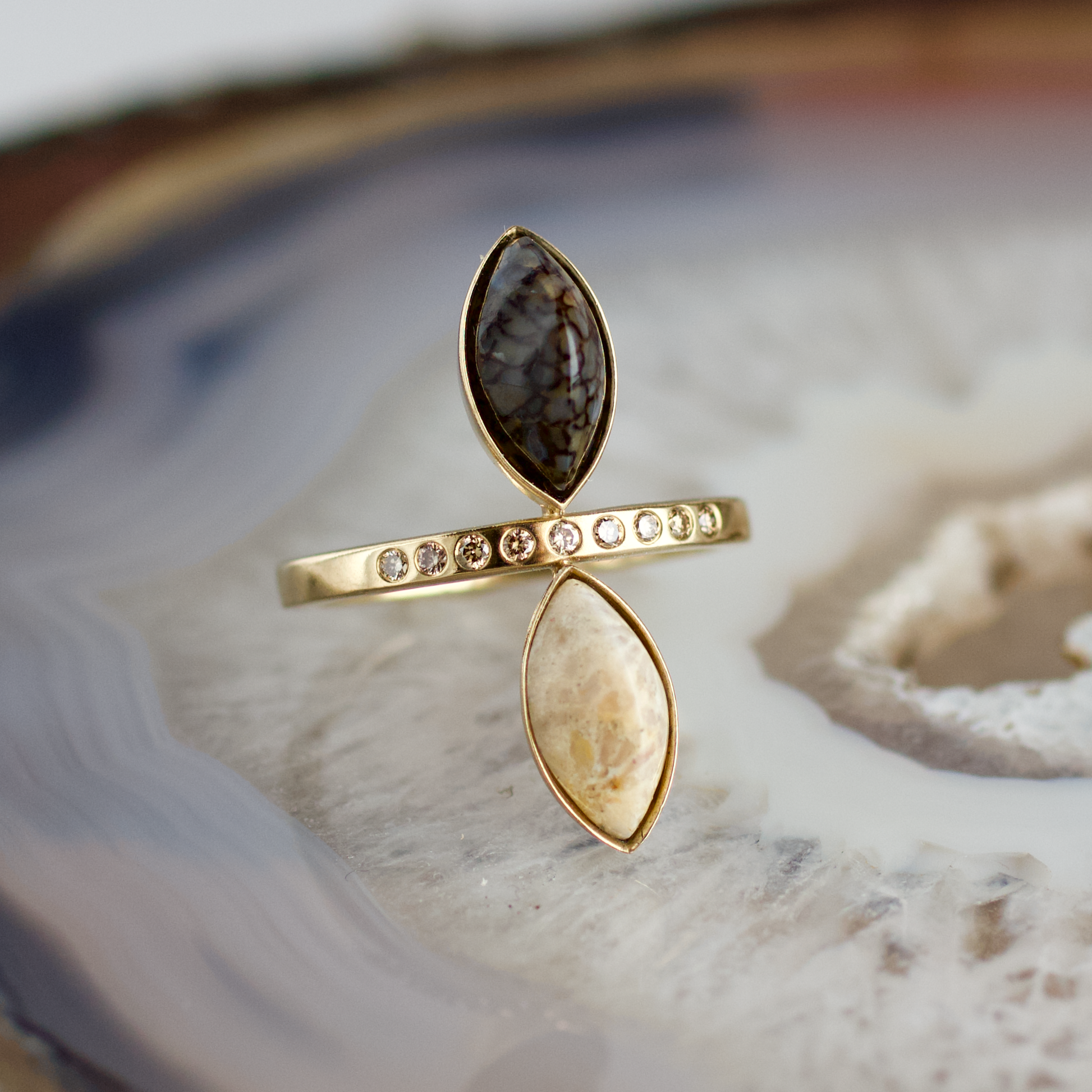 double marquise dinosaur bone and fossilized coral stone gold ring champagne diamonds