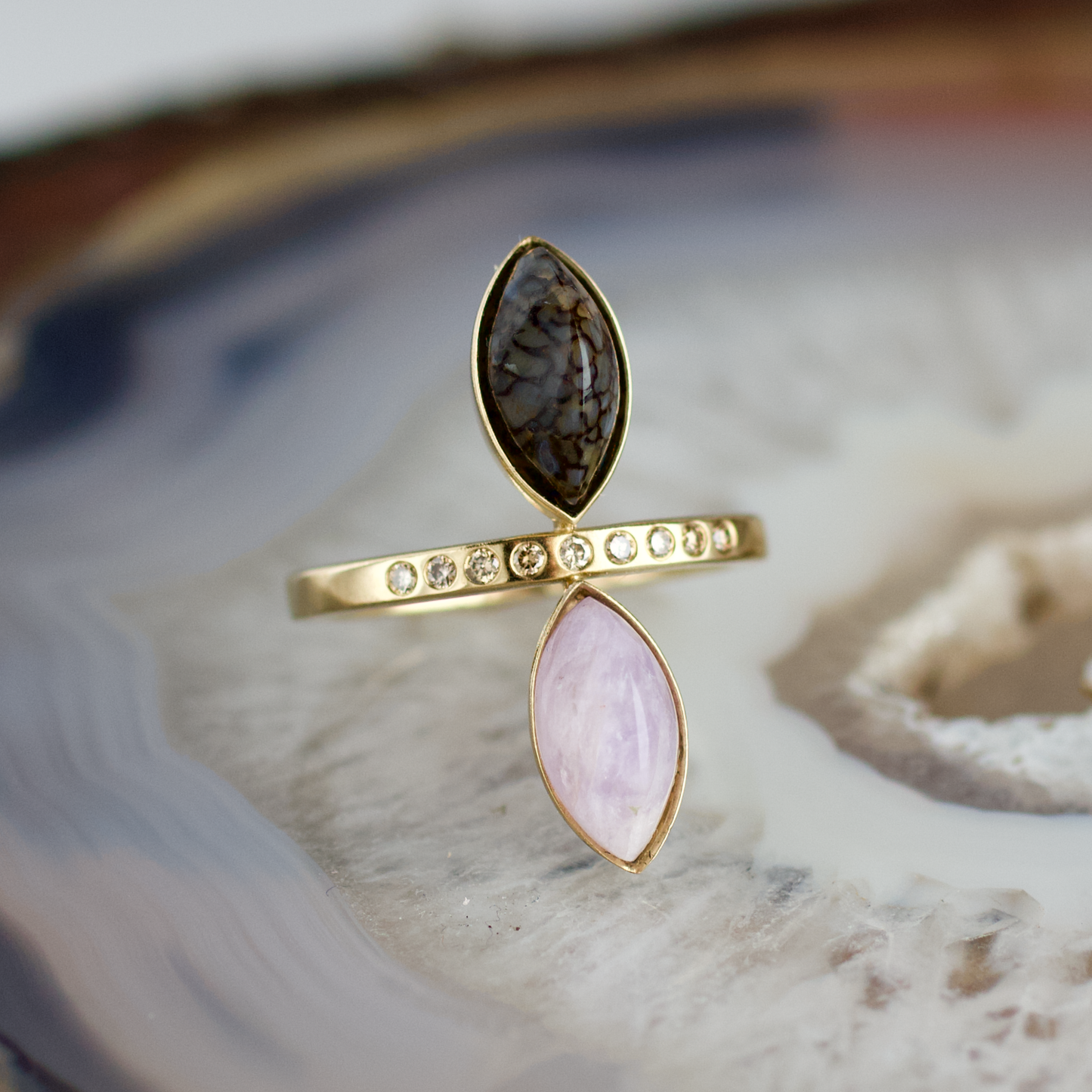 double marquise dinosaur bone and amethyst stone gold ring champagne diamonds