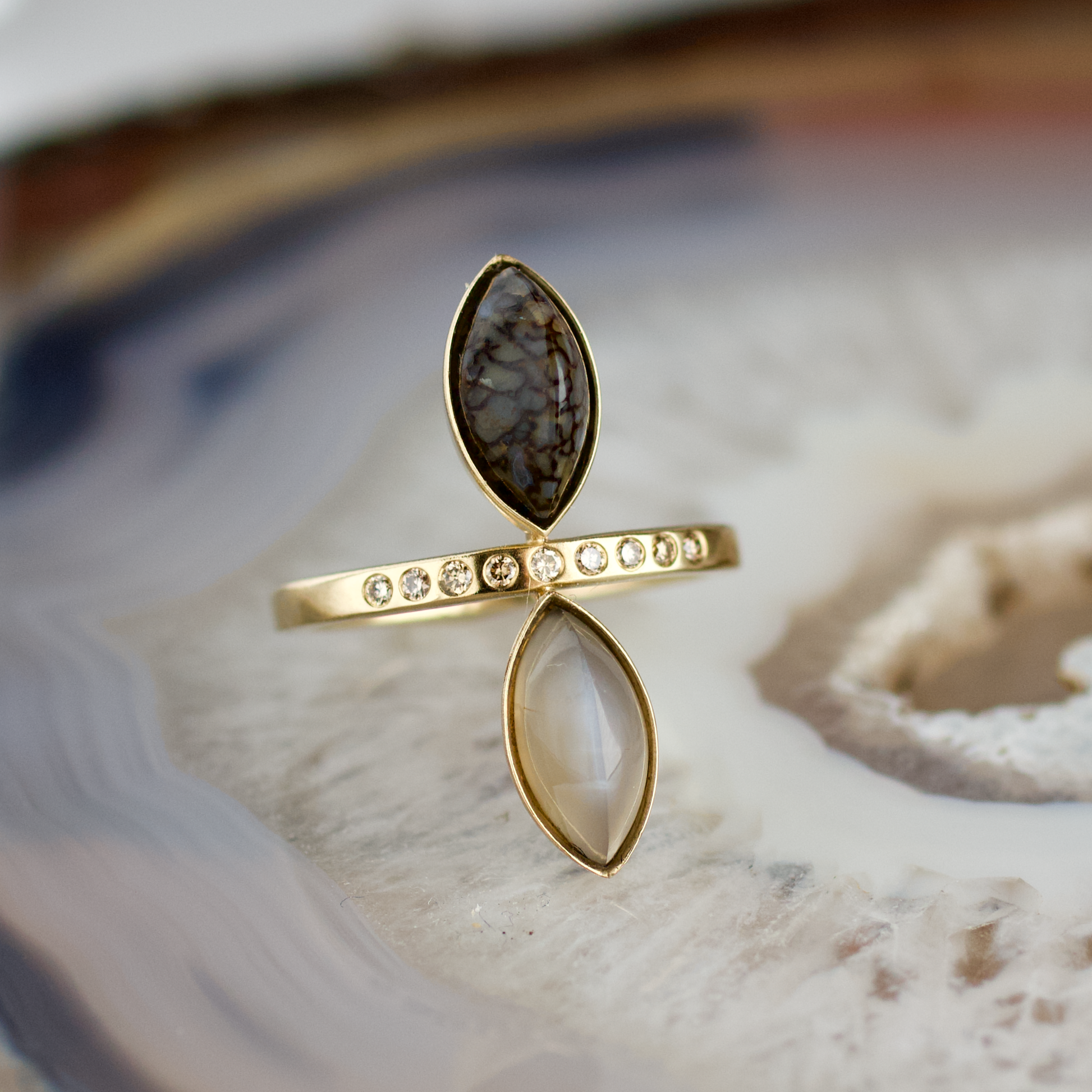double marquise dinosaur bone and moonstone stone gold ring champagne diamonds