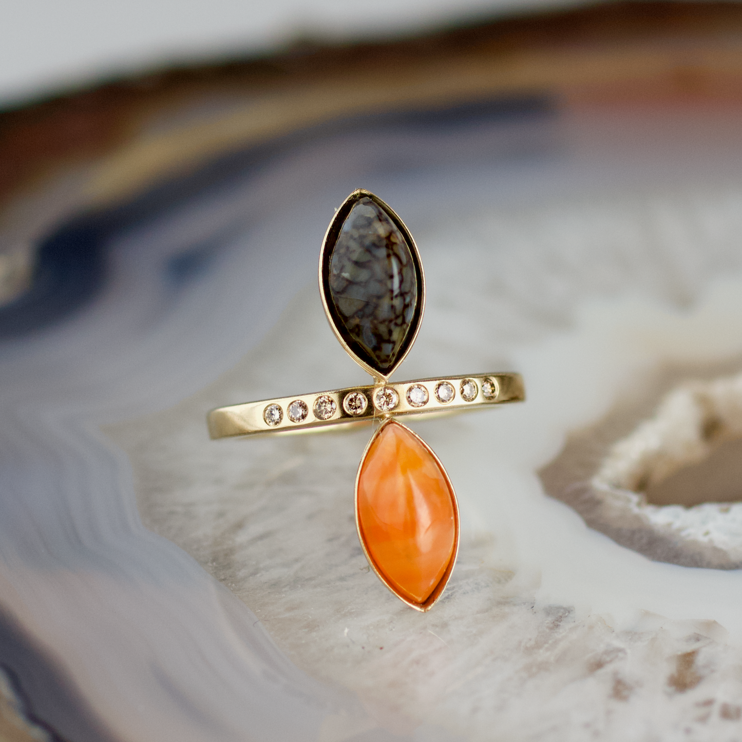 double marquise dinosaur bone and carnelian stone gold ring champagne diamonds