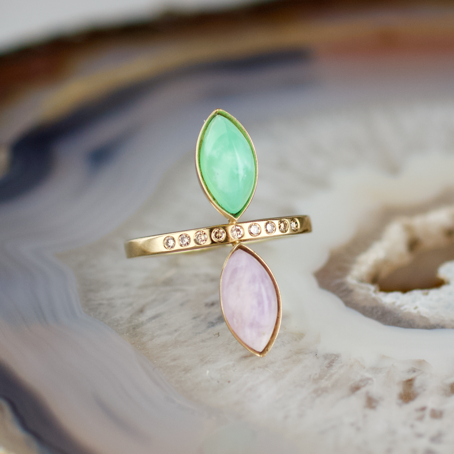 double marquise chrysoprase and amethyst stone gold ring champagne diamonds