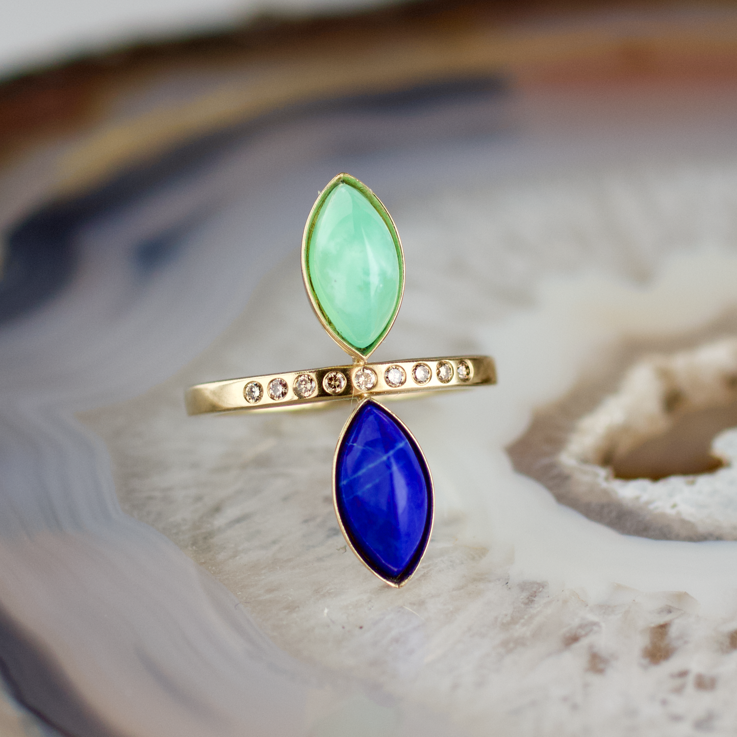 double marquise chrysoprase and lapis stone gold ring champagne diamonds