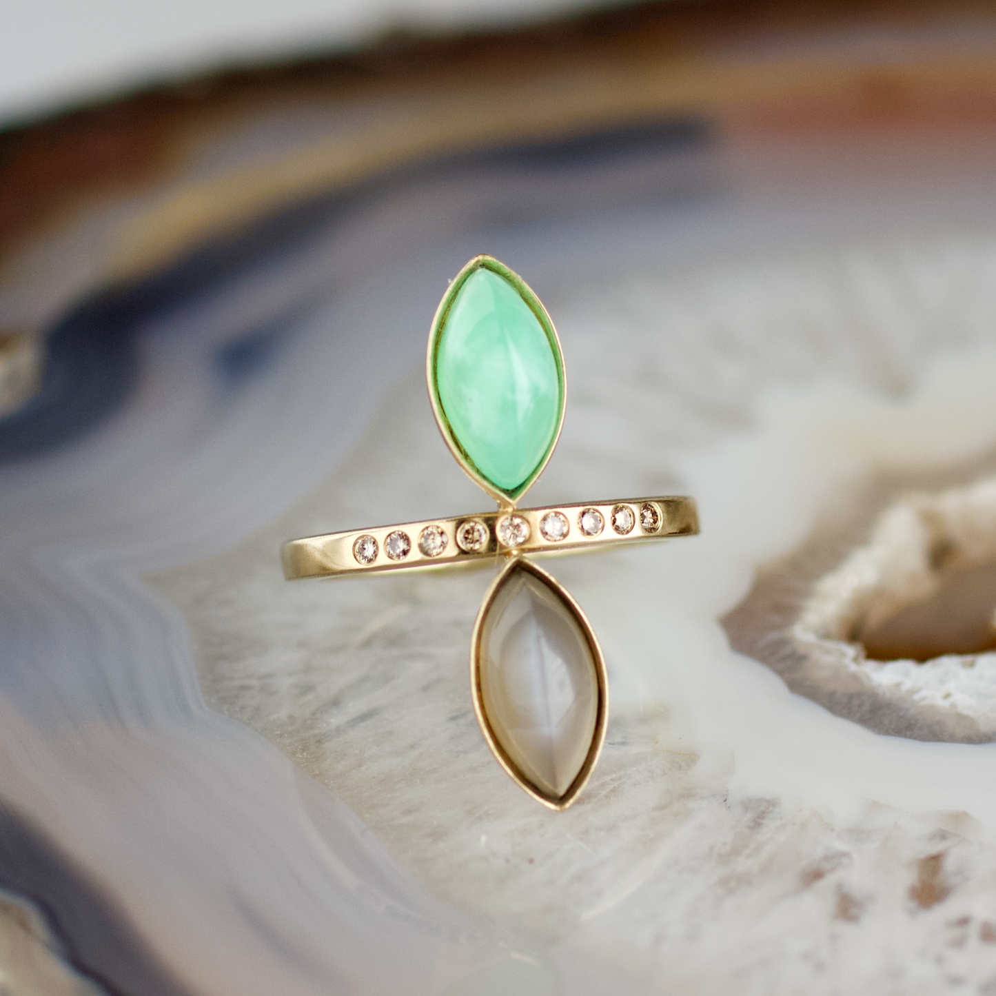 double marquise chrysoprase and moonstone stone gold ring champagne diamonds