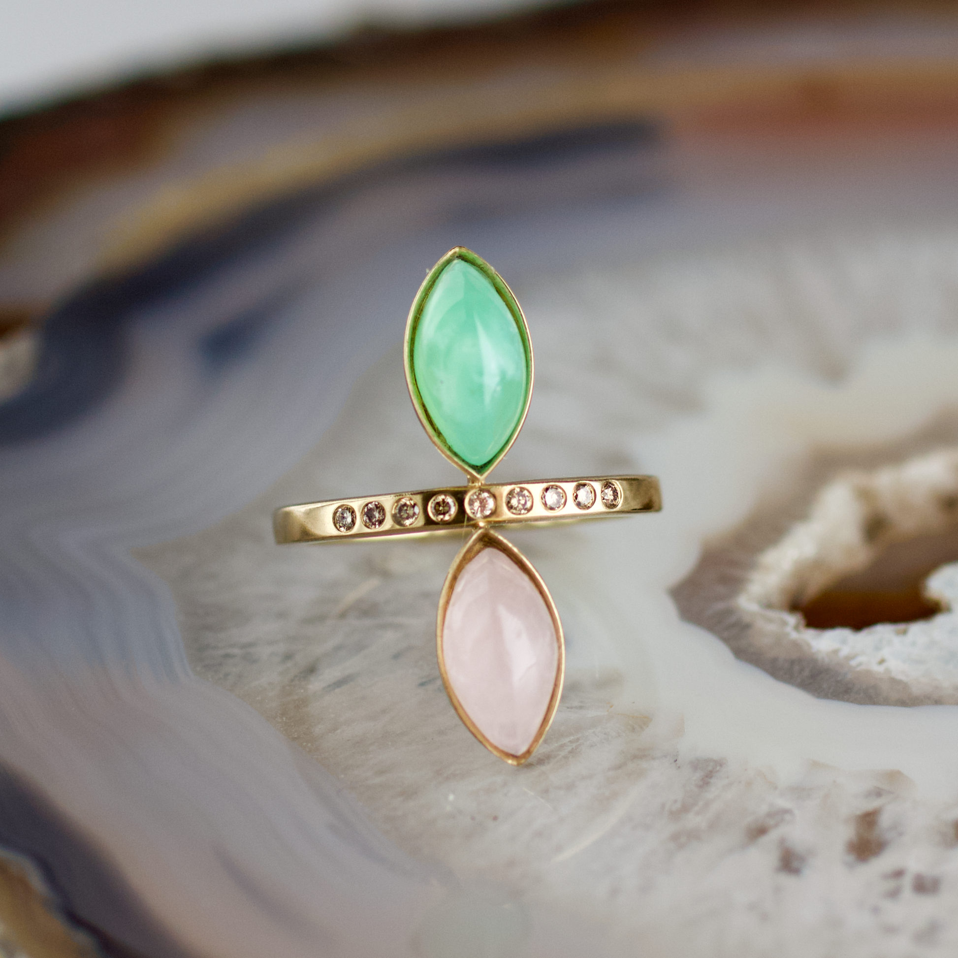 double marquise chrysoprase and rose quartz stone gold ring champagne diamonds