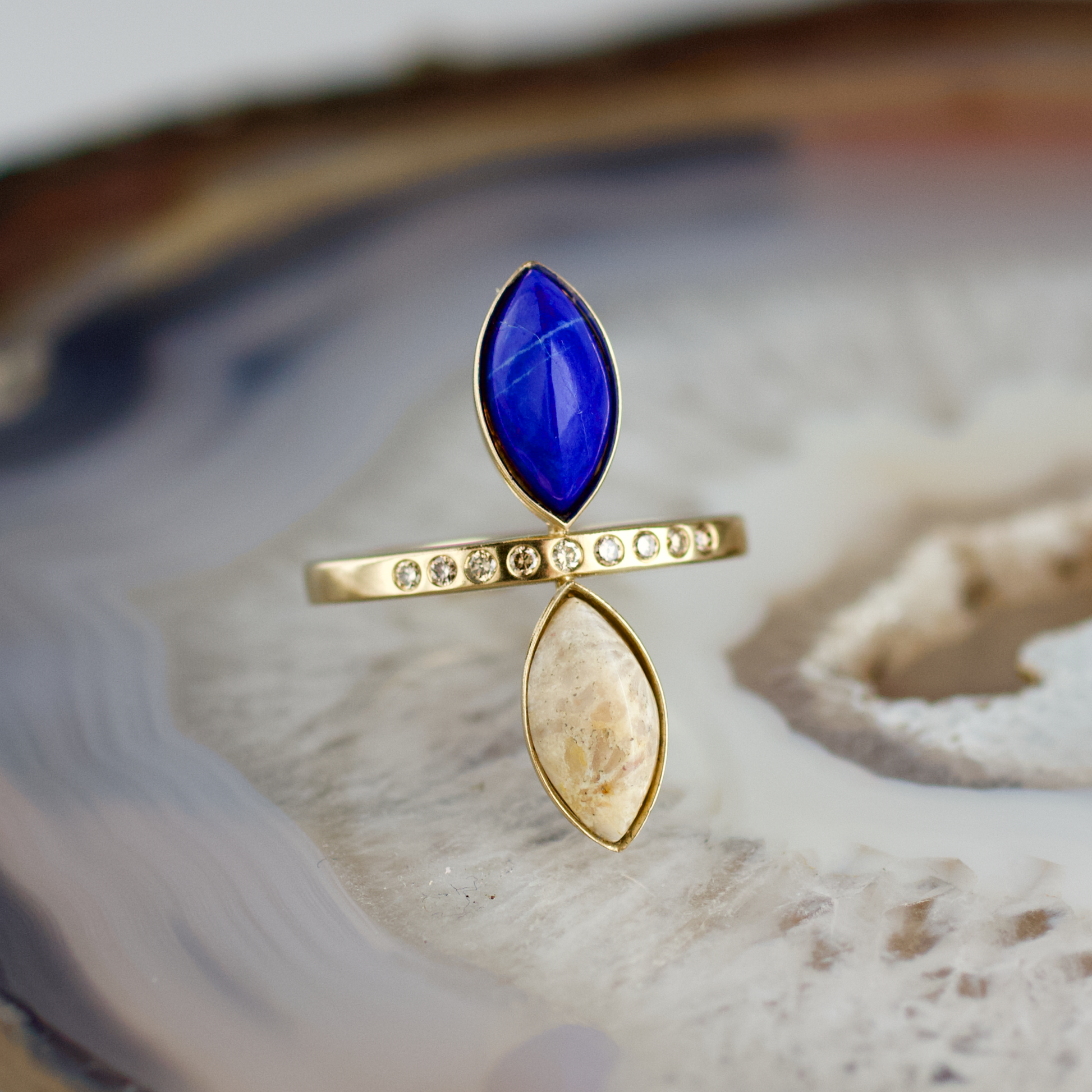 double marquise lapis and fossilized coral stone gold ring champagne diamonds