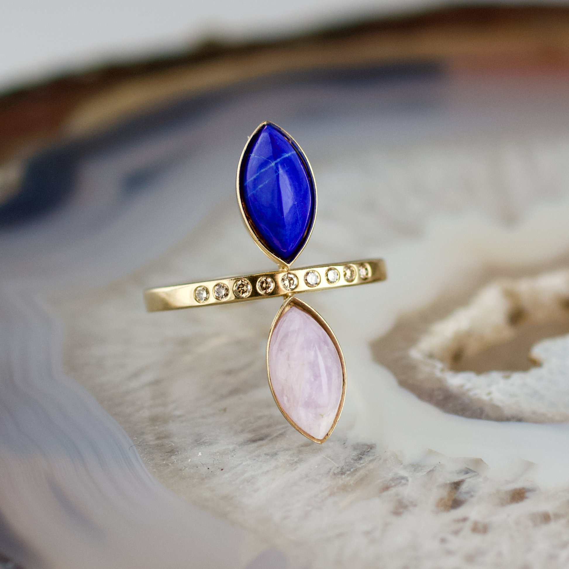 double marquise lapis and amethyst stone gold ring champagne diamonds