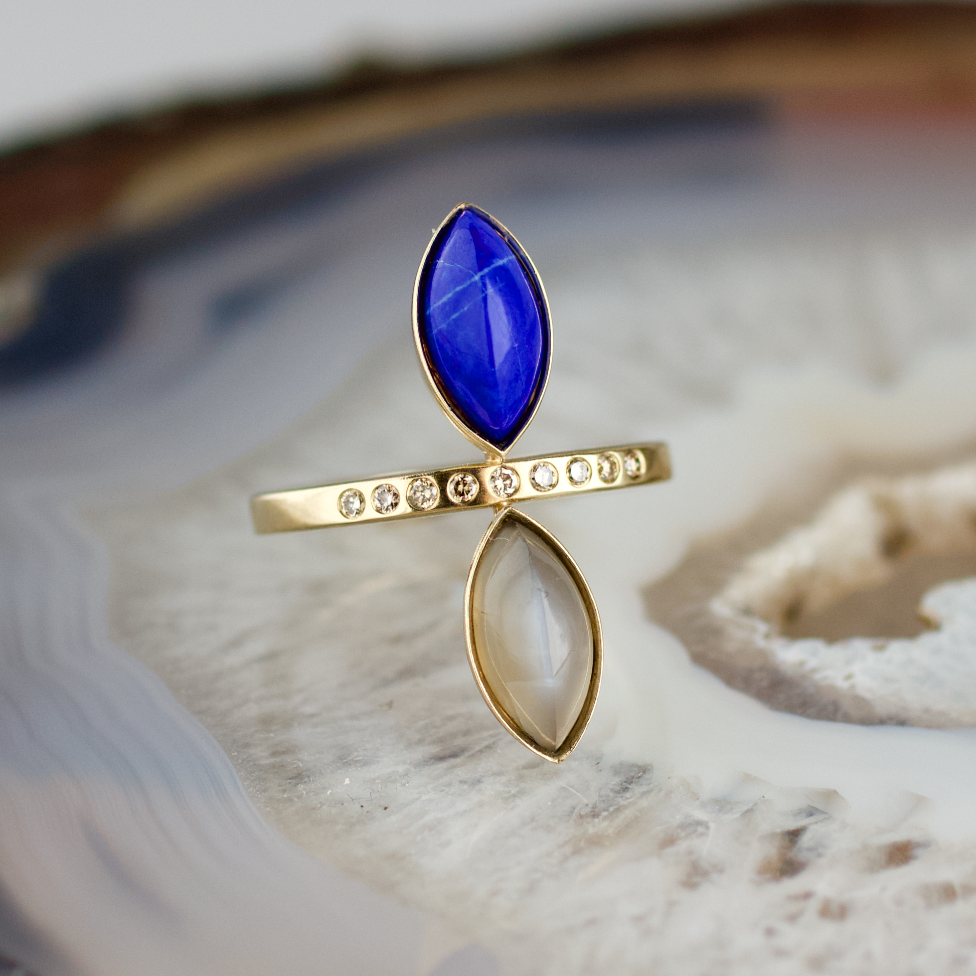 double marquise lapis and moonstone stone gold ring champagne diamonds