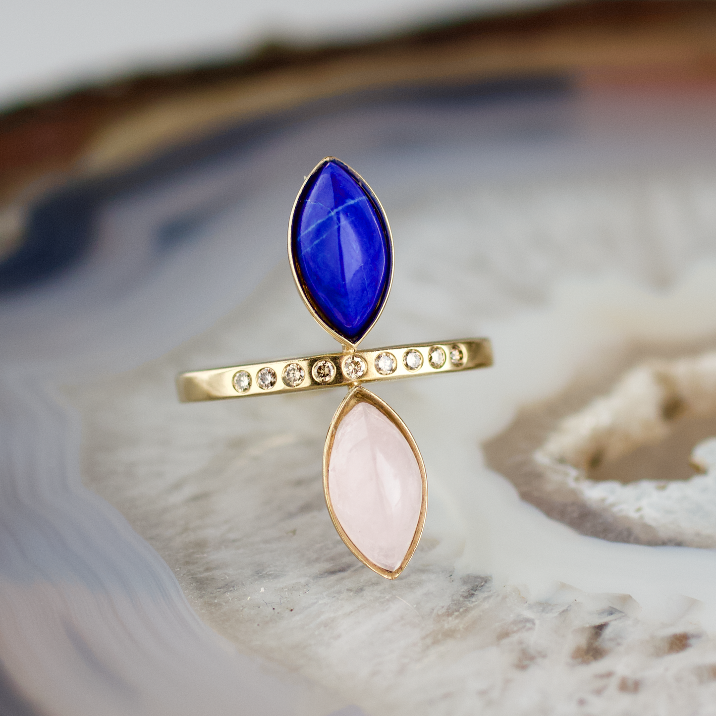 double marquise lapis and rose quartz stone gold ring champagne diamonds