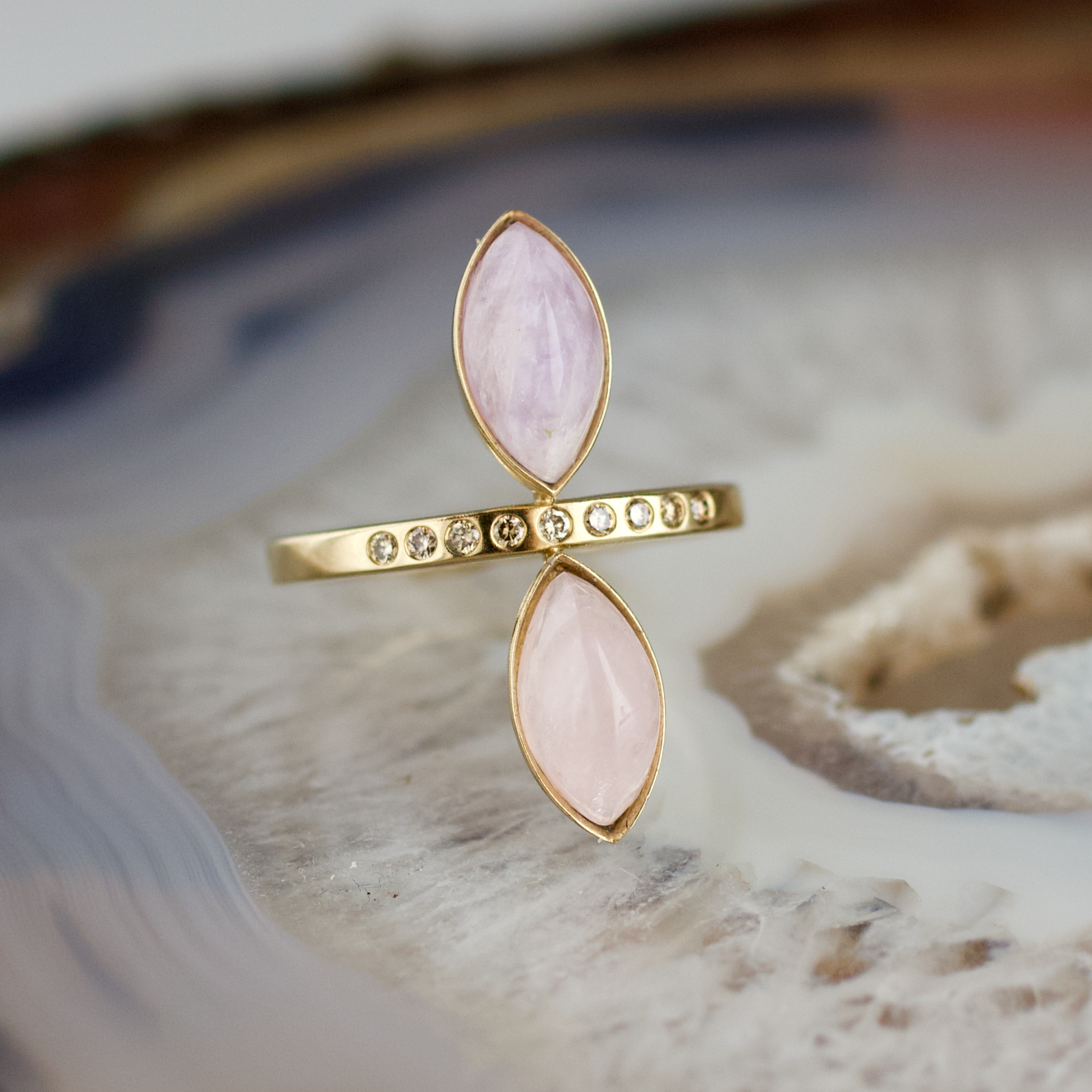 double marquise rose quartz and amethyst stone gold ring champagne diamonds