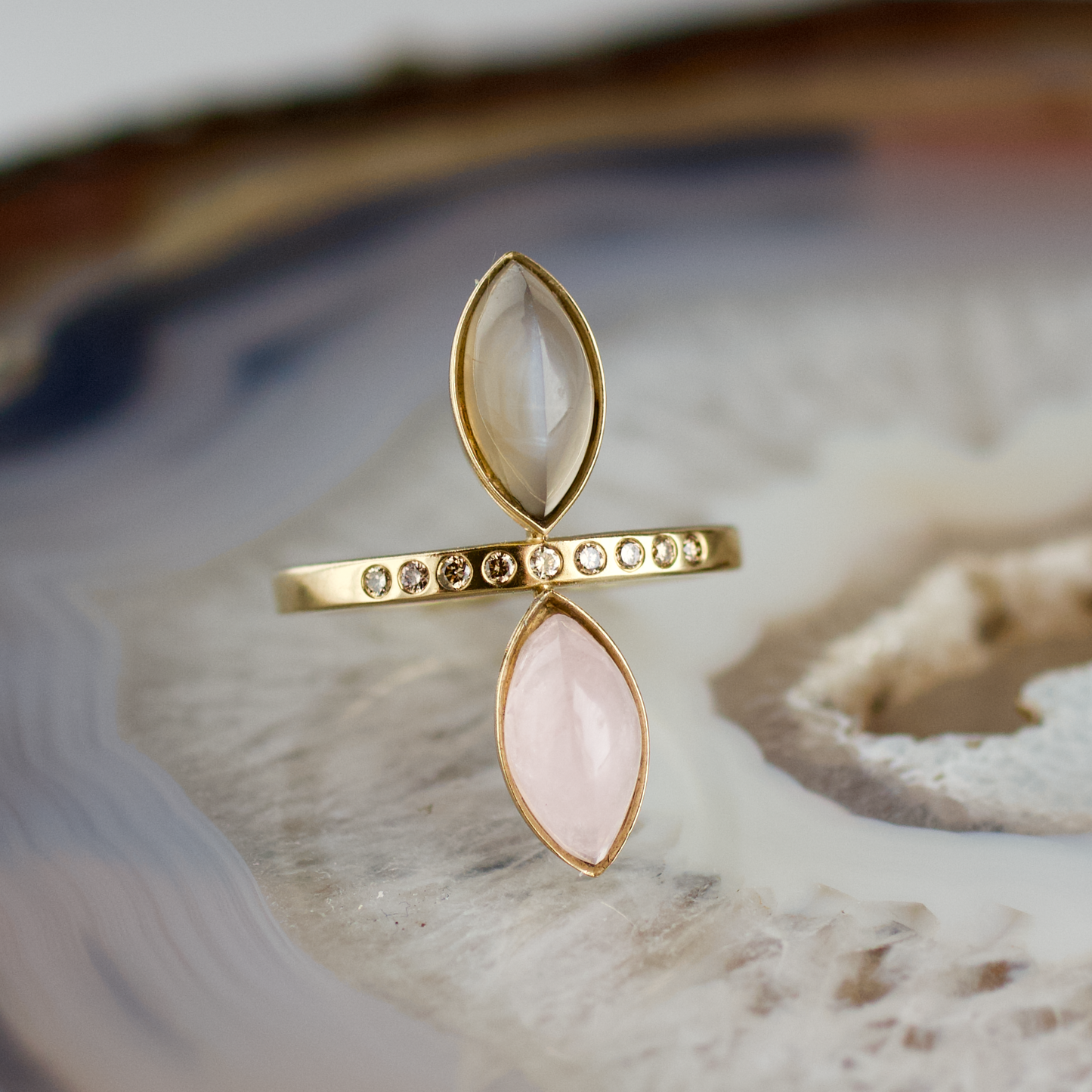 double marquise moonstone and rose quartz stone gold ring champagne diamonds