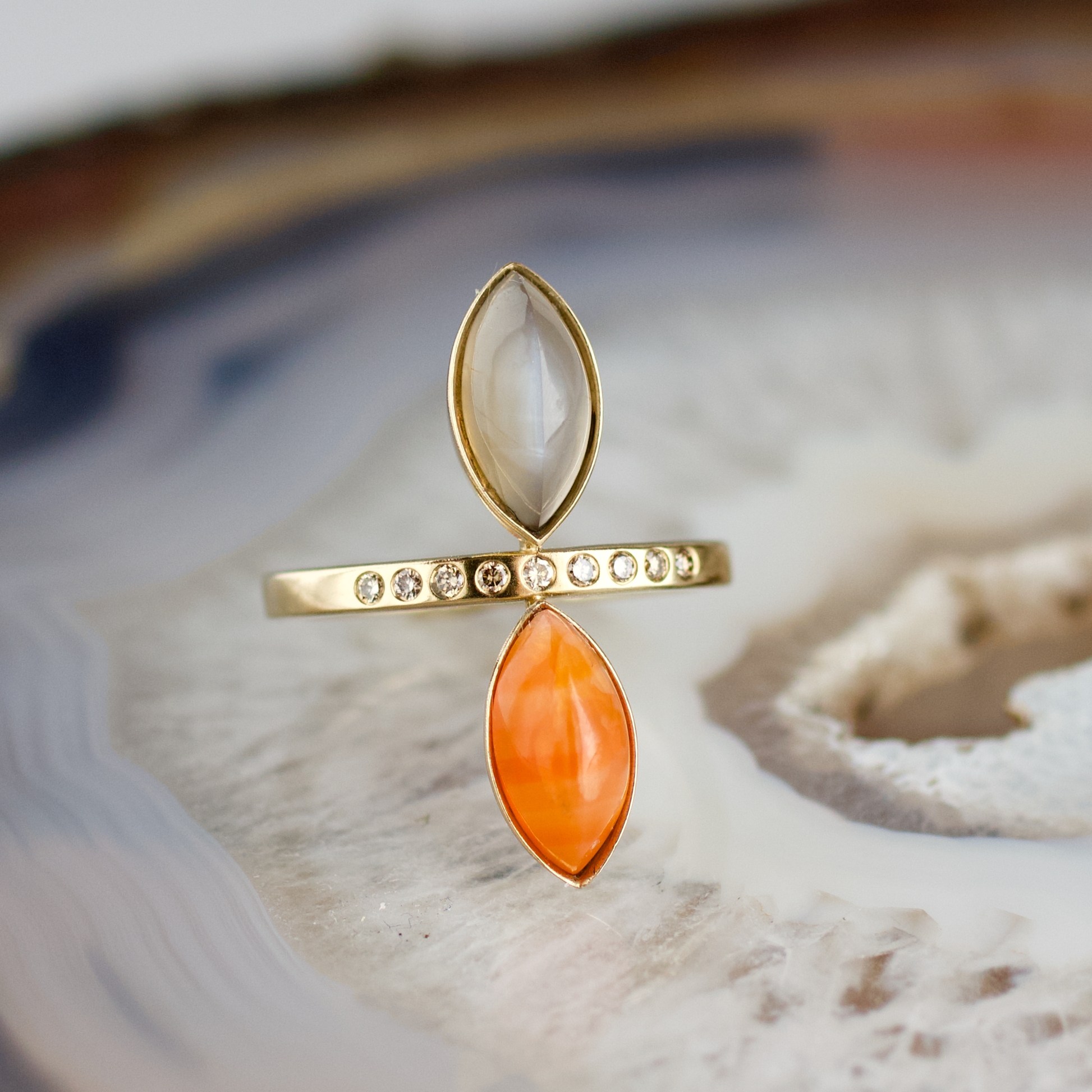 double marquise moonstone and carnelian stone gold ring champagne diamonds