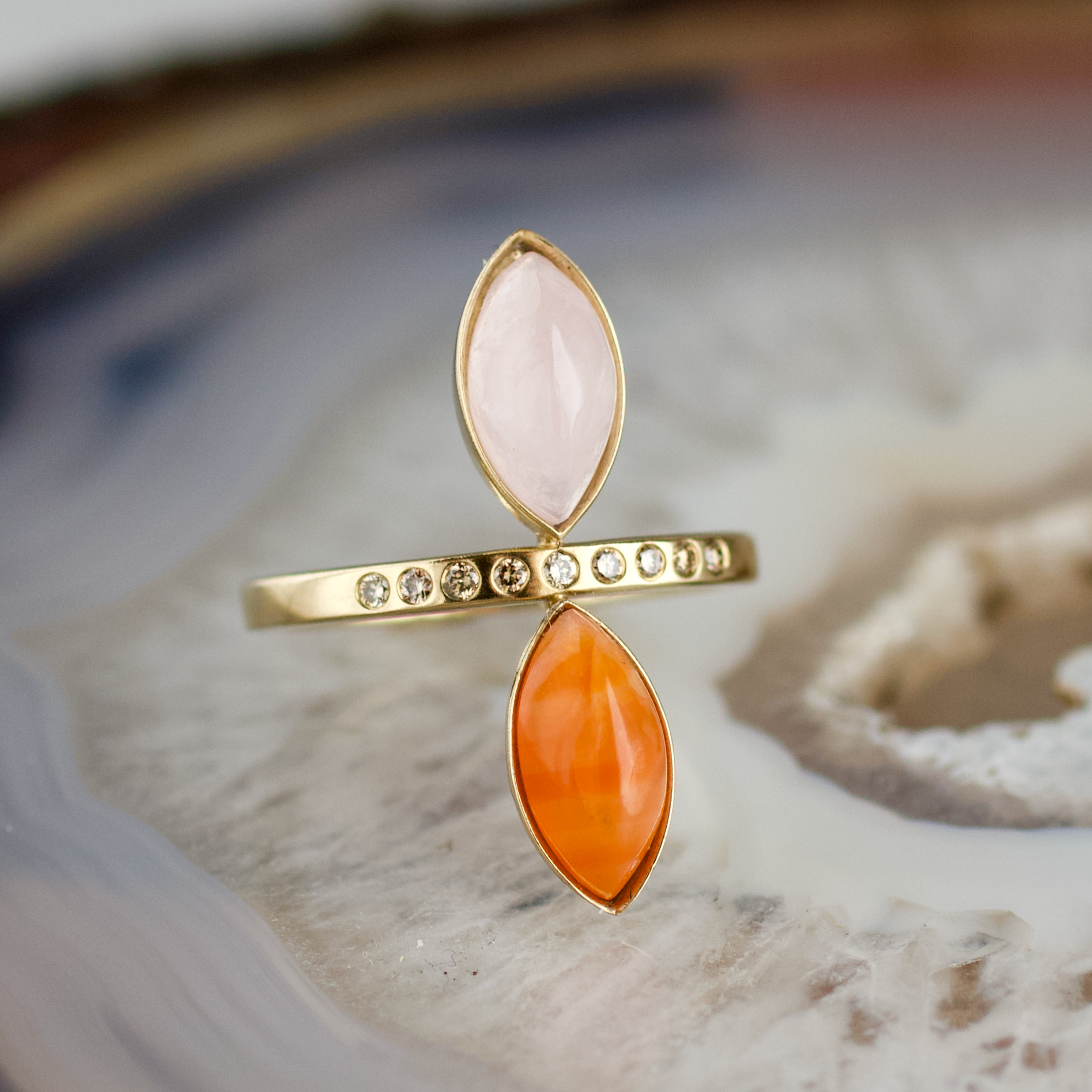double marquise carnelian and rose quartz stone gold ring champagne diamonds
