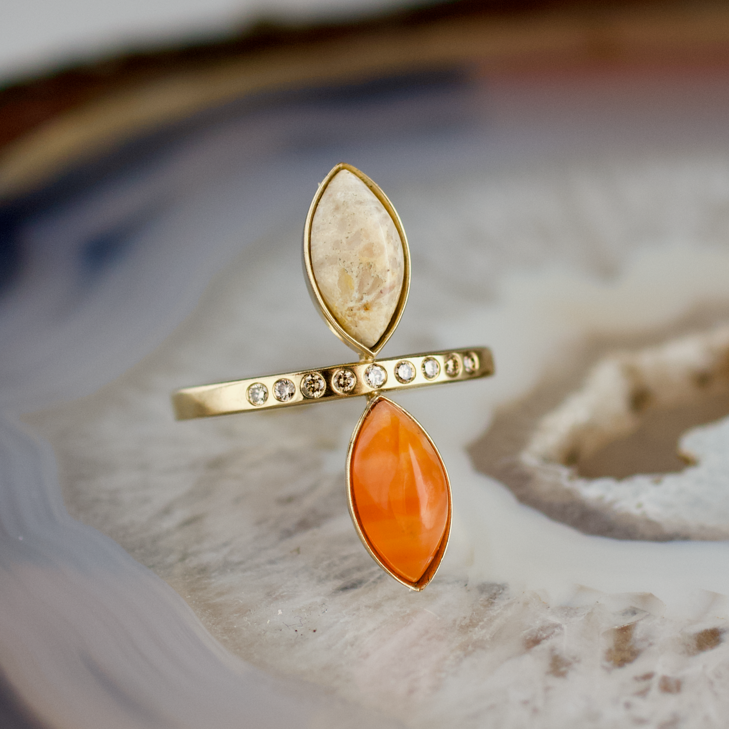 double marquise fossilized coral and carnelian stone gold ring champagne diamonds