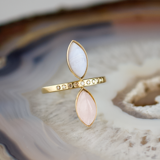 double marquise rose quartz and blue lace agate stone gold ring champagne diamonds