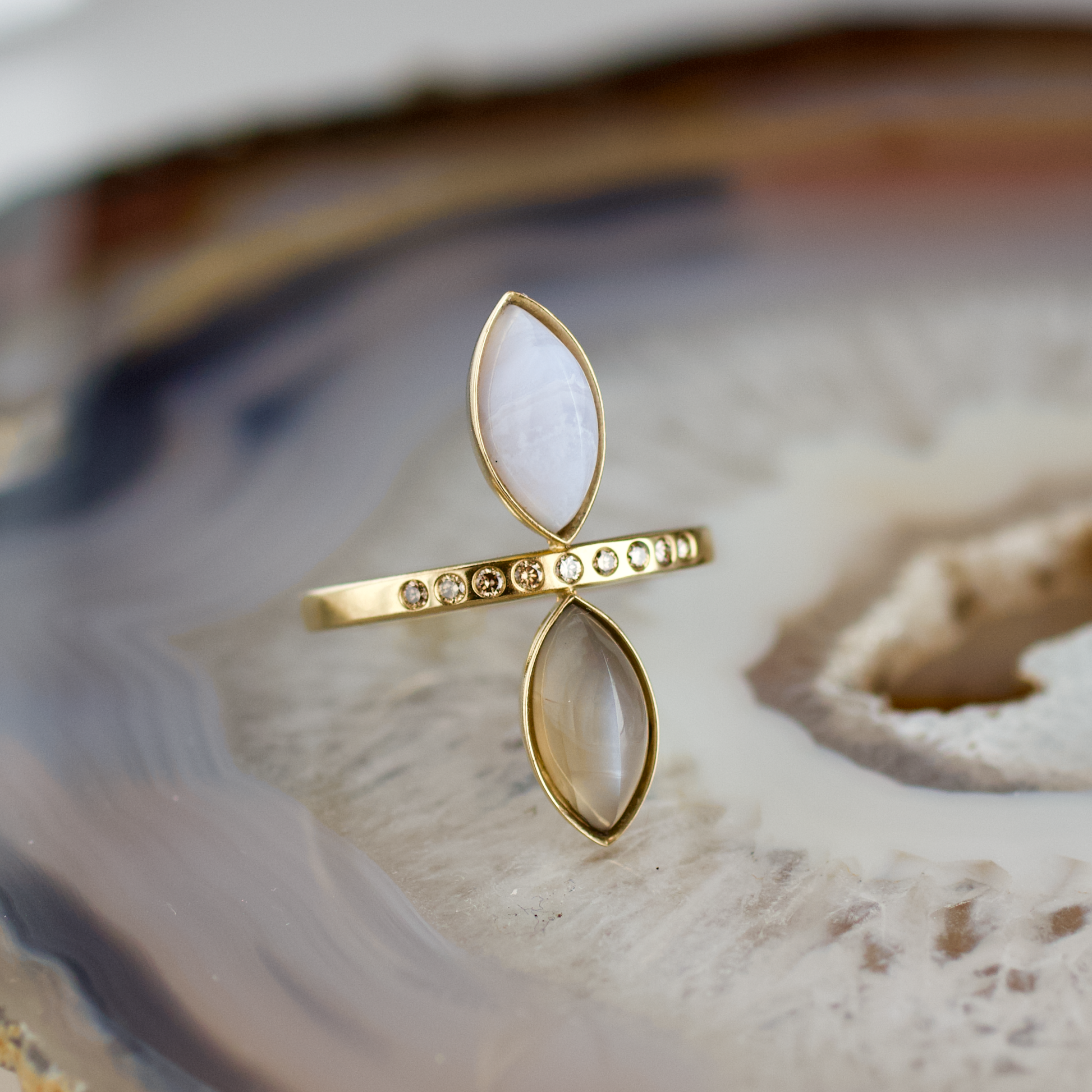 double marquise blue lace agate and moonstone stone gold ring champagne diamonds