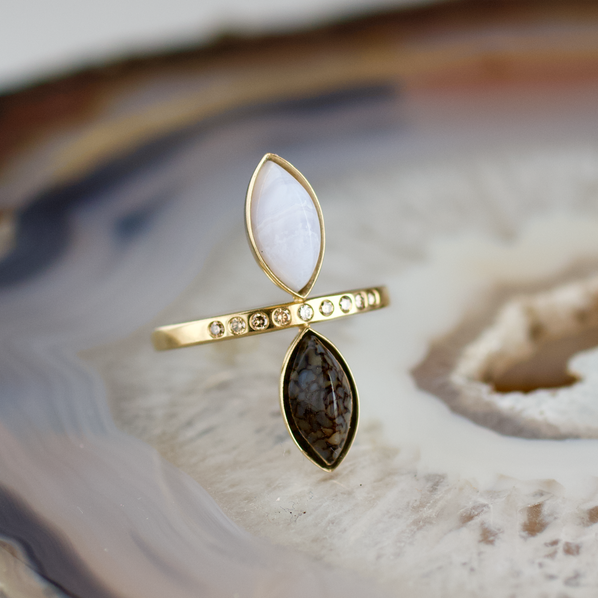 double marquise blue lace agate and dinosaur bone stone gold ring champagne diamonds