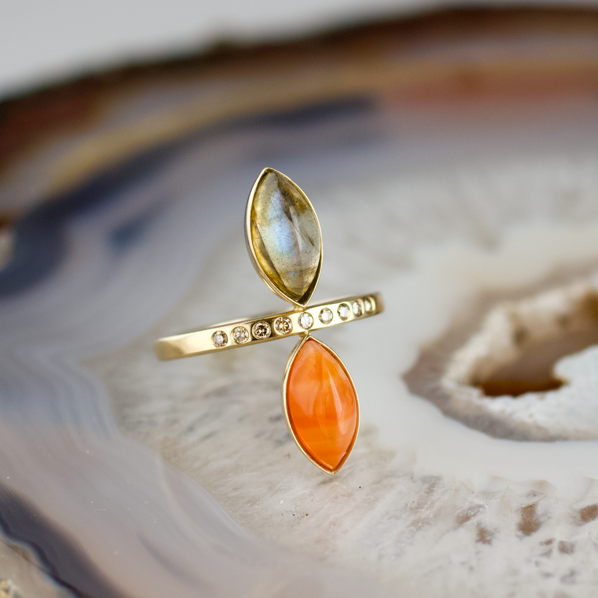 double marquise labradorite and carnelian stone gold ring champagne diamonds