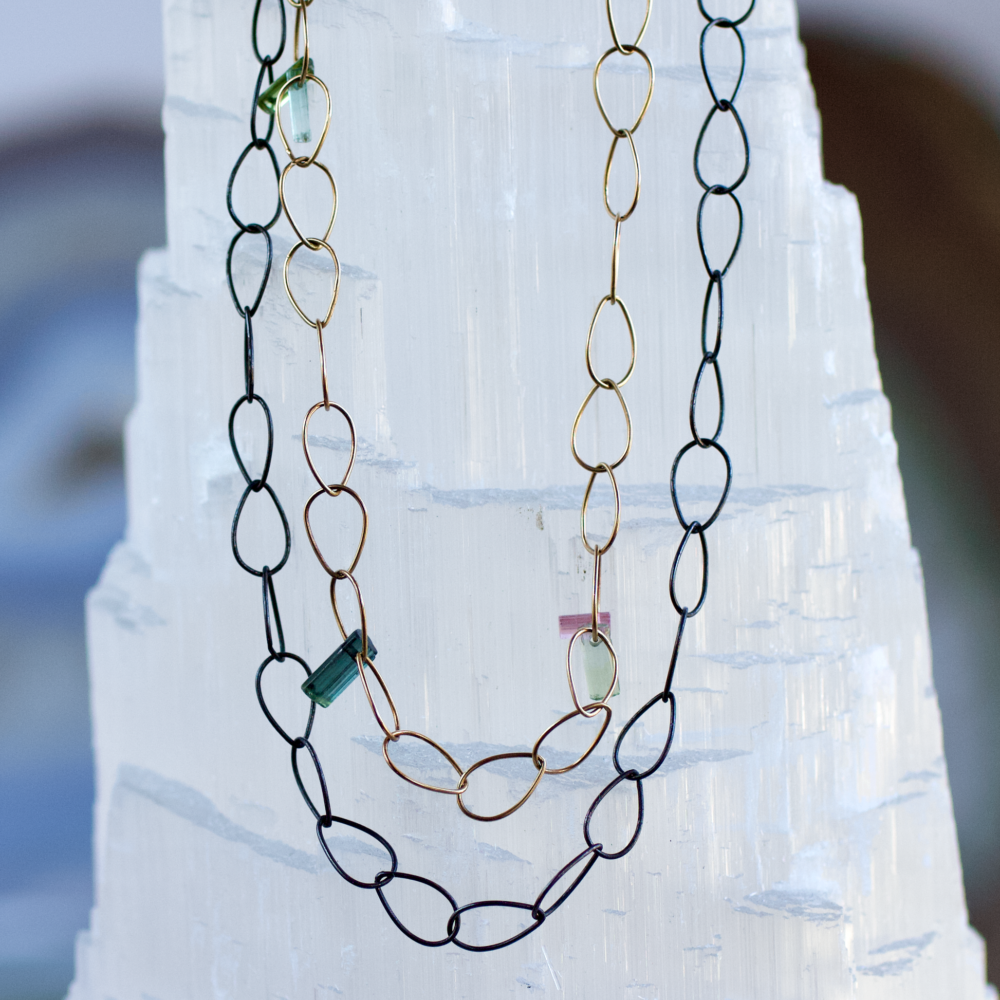 Mixed Metals Gold Pear Link Chain Necklace with Tourmaline
