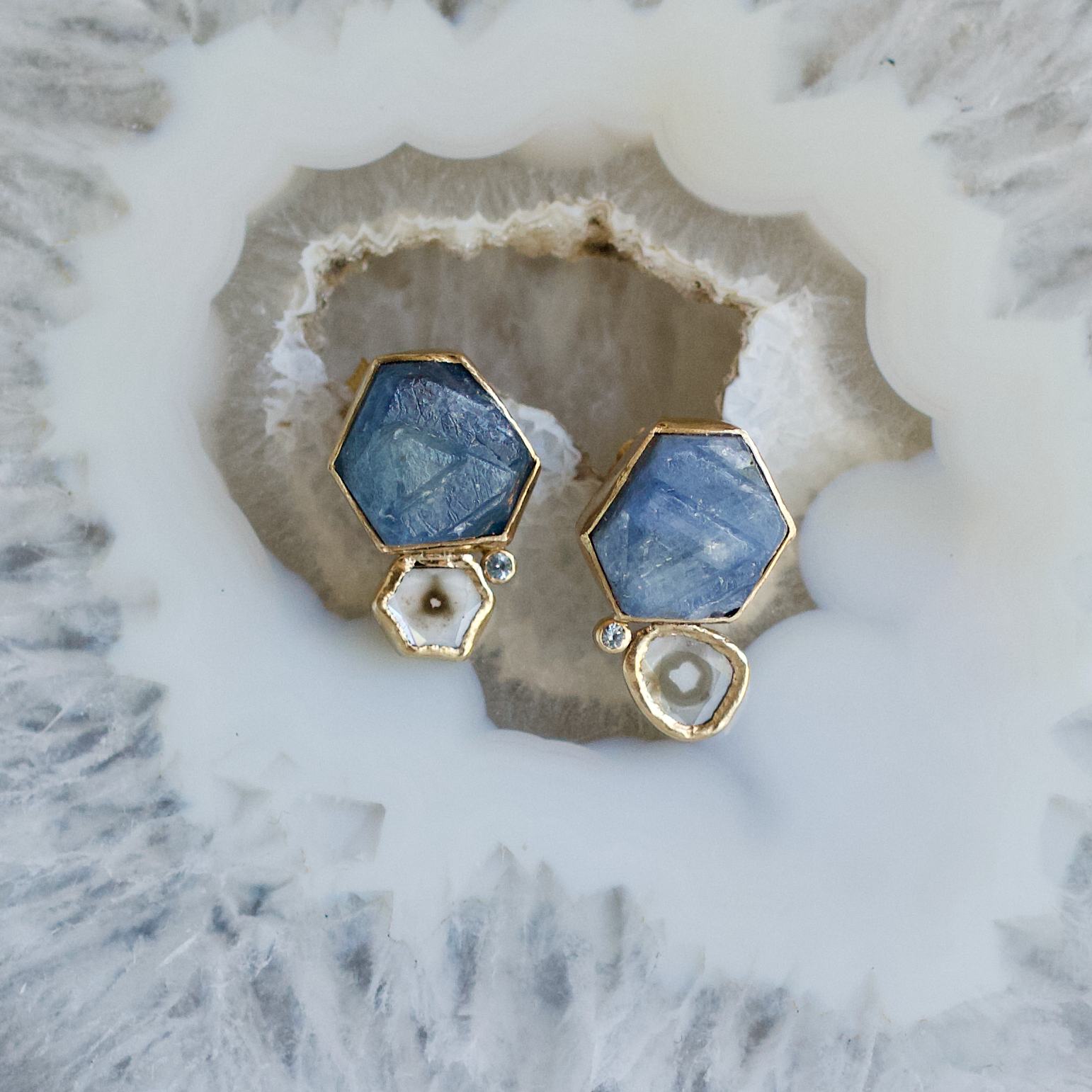 Sapphire and Diamond Slice Stud Gold Earrings
