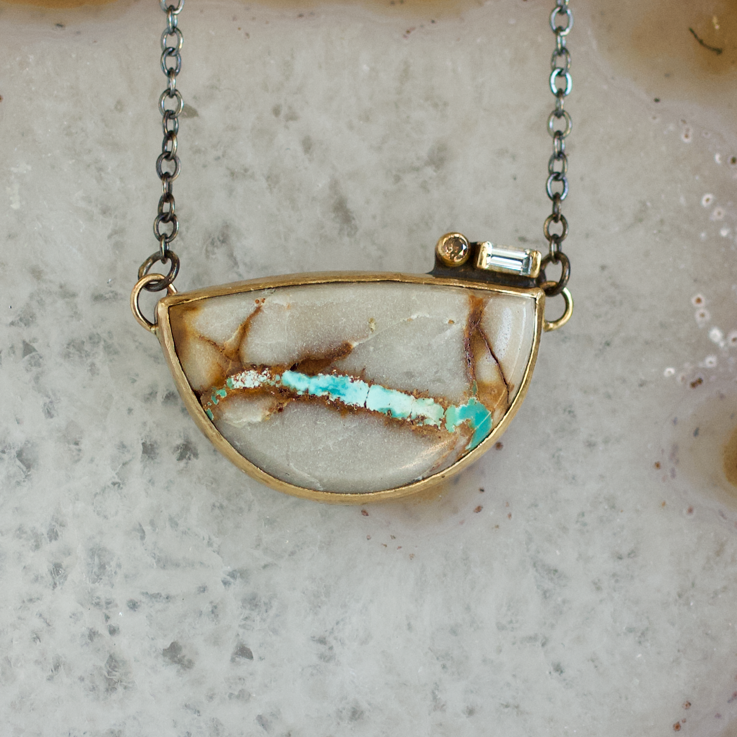 Royston Ribbon Turquoise, Blue Topaz, and Cognac Diamond Gold Necklace