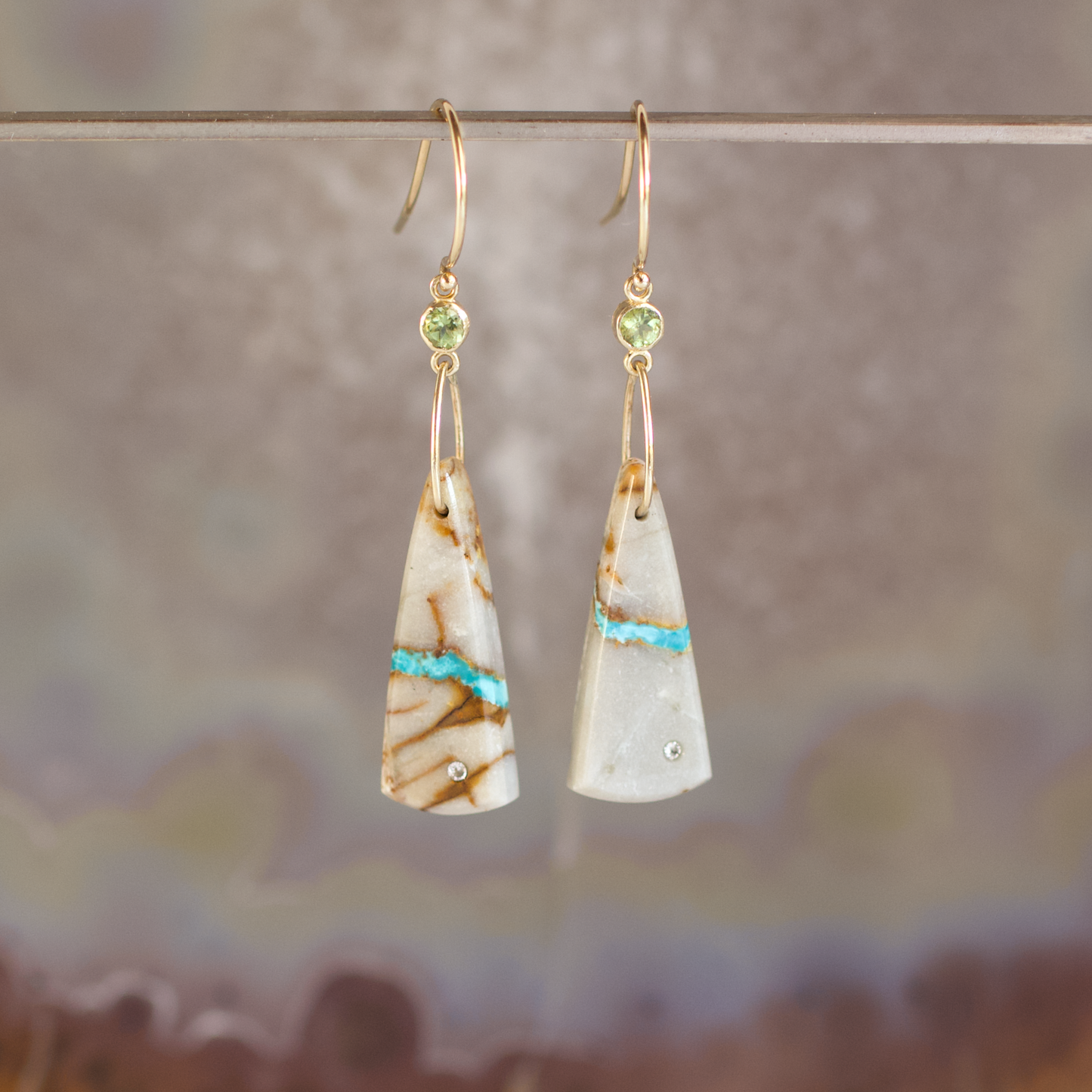 Royston Ribbon Turquoise, Peridot, and Diamond Gold Earrings