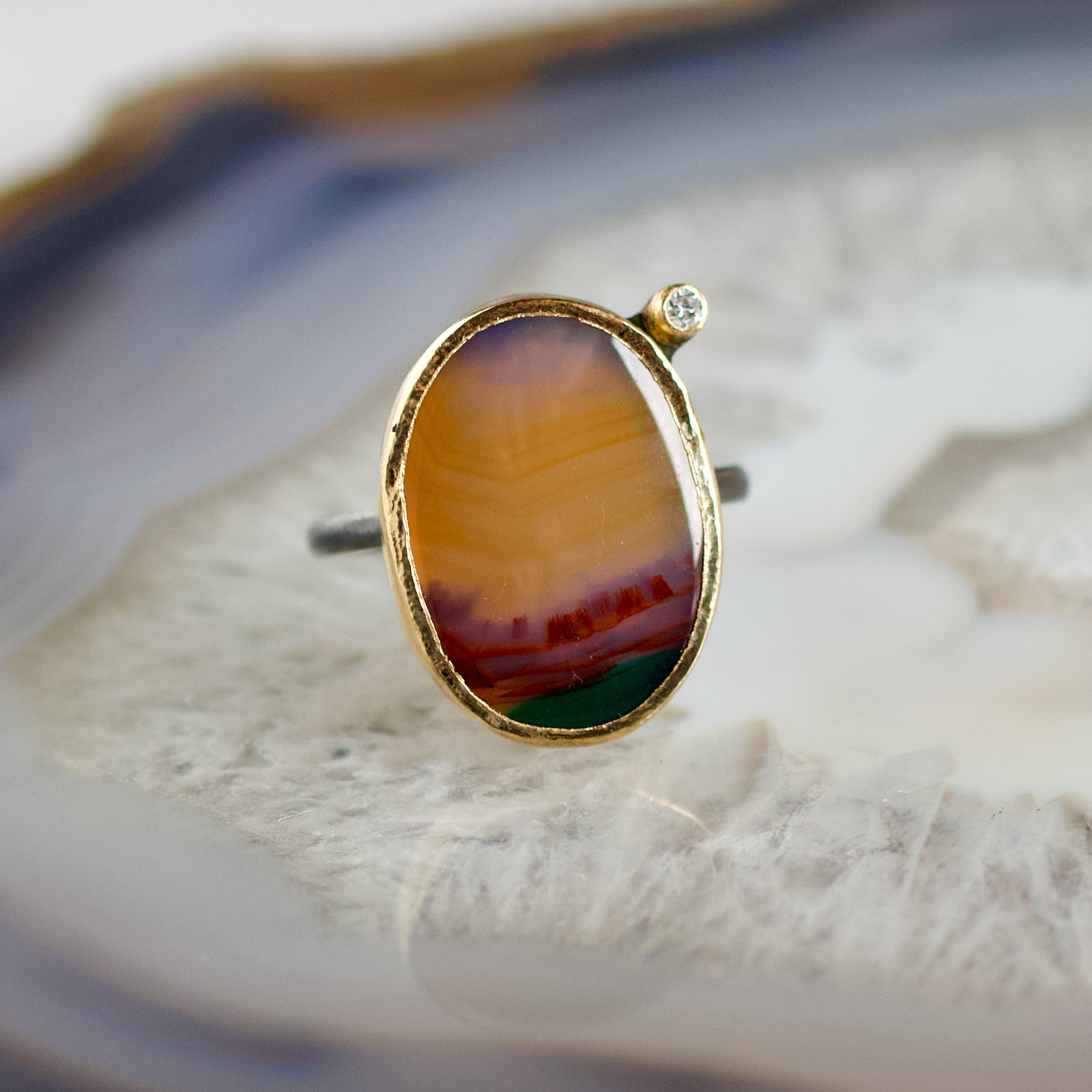 Sunset Landscape Agate and Diamond Gold Ring