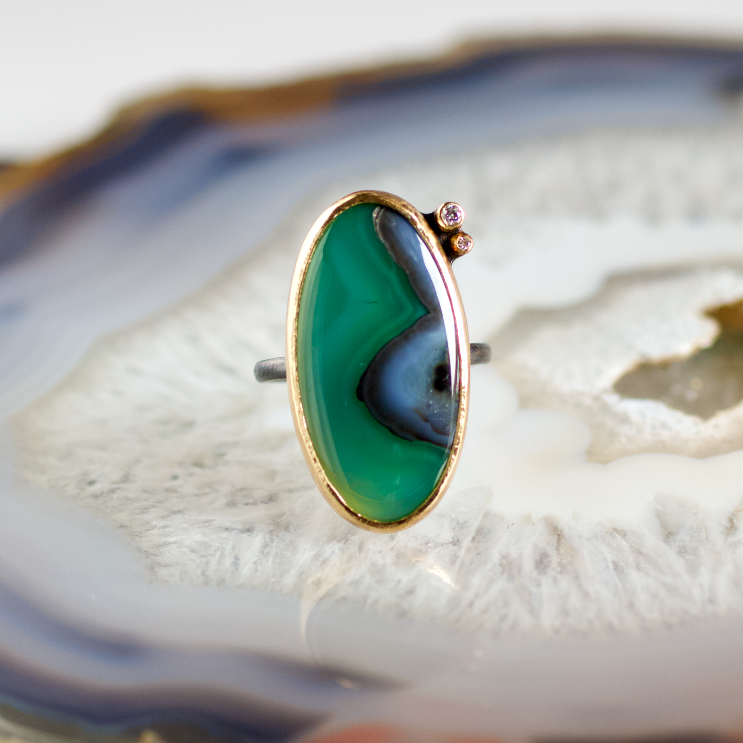 Flower Landscape Agate and Diamond Gold Ring