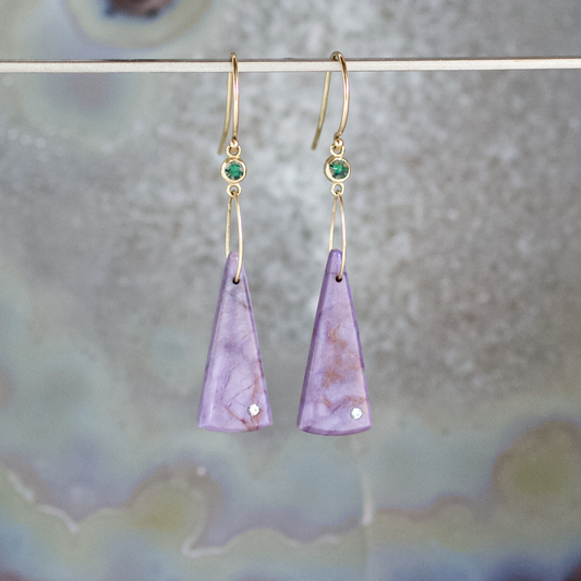 Purple Jade, Trapiche Emerald, and Diamond Gold Earrings