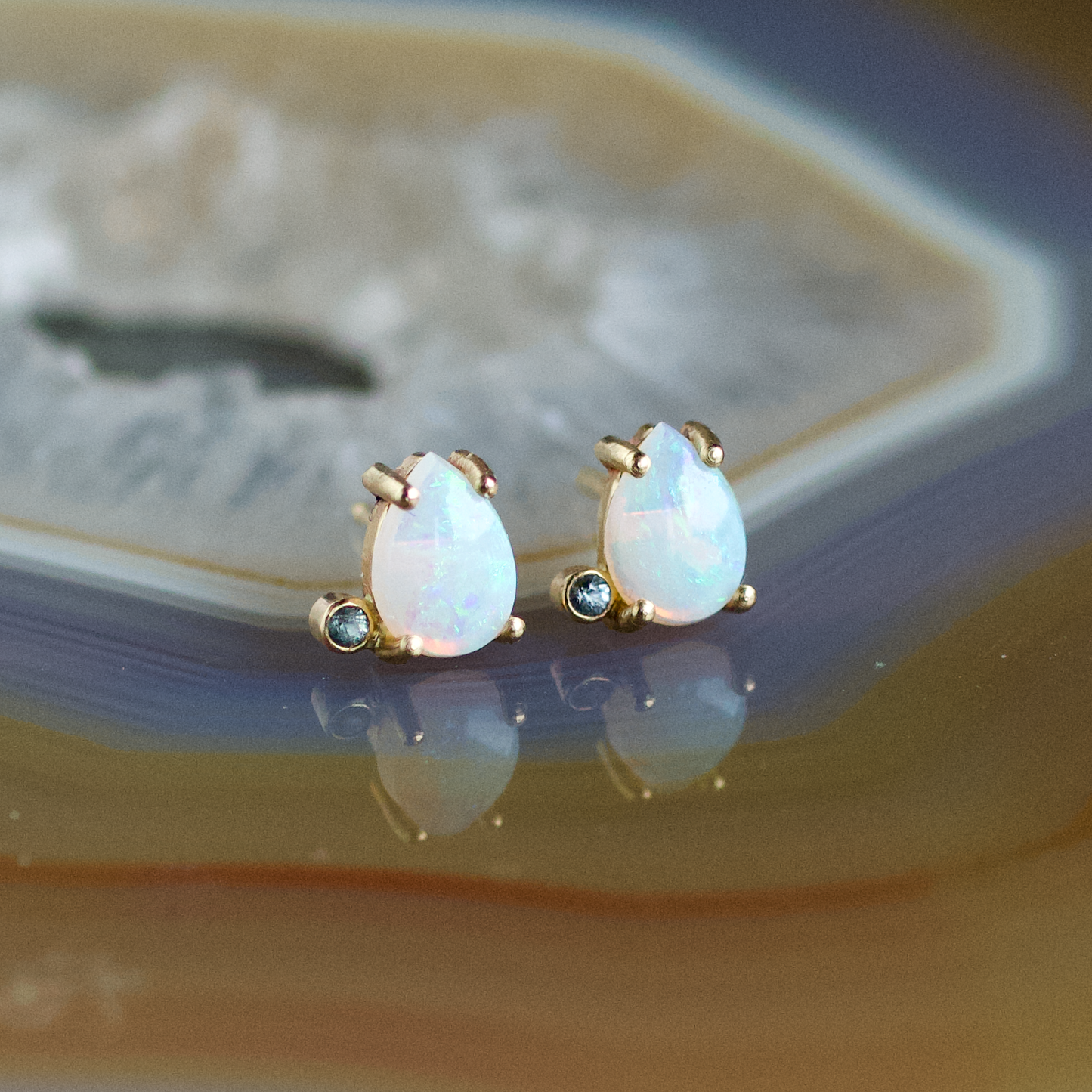 Opal and Montana Sapphire Stud Gold Earrings