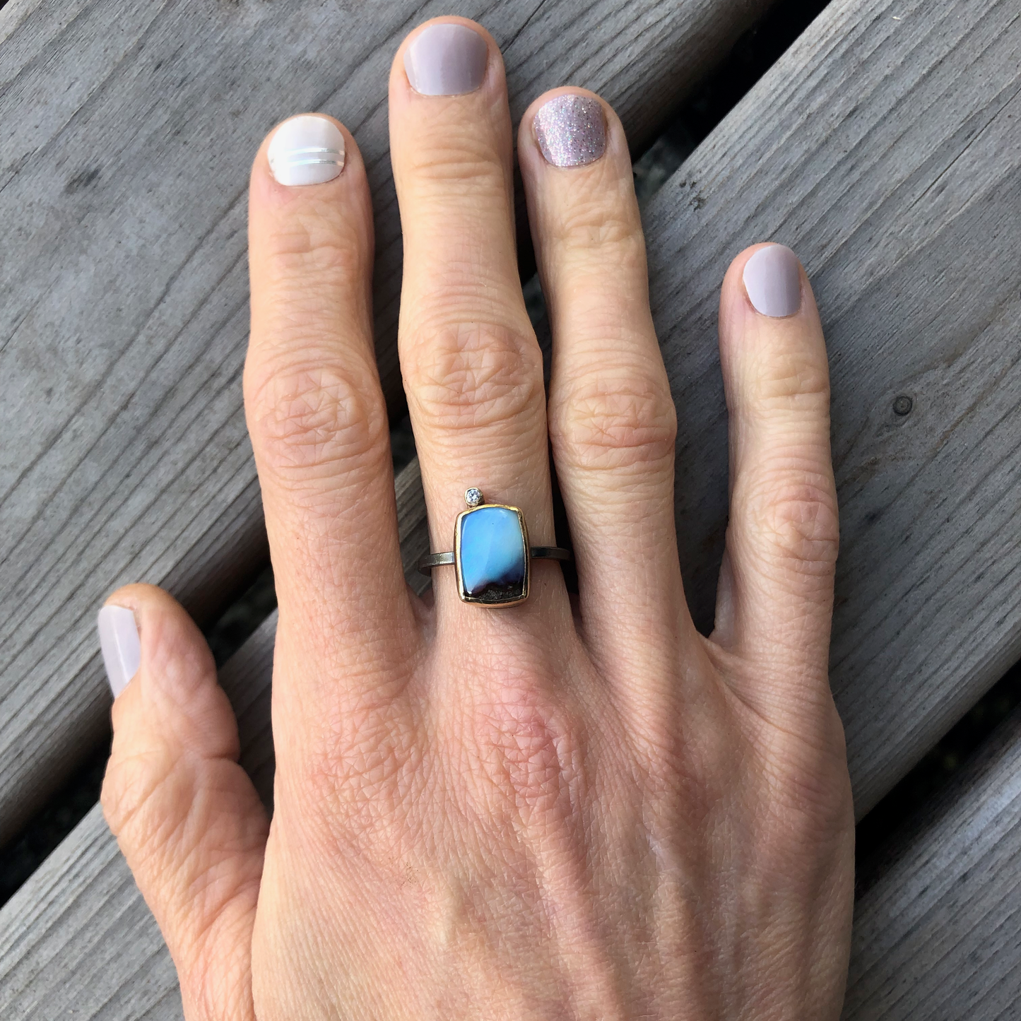 Blue Boulder Opal with Diamond Gold Ring