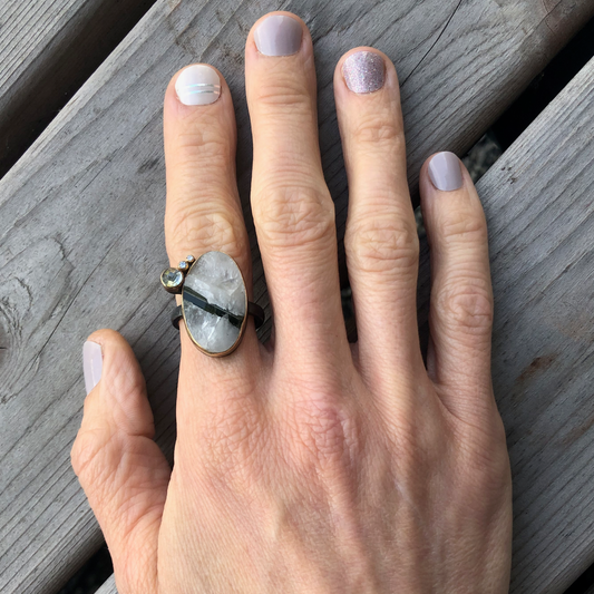 Tourmaline in Quartz, Montana Sapphire, and Diamond Gold Ring