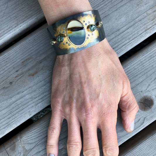 Landscape Agate and Montana Sapphire Cuff Bracelet, Handmade  in 14k Gold and Sterling Silver