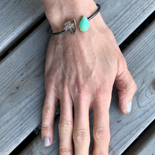 Chrysoprase and Montana Agate Bracelet, Handmade in 14k Gold and Sterling Silver