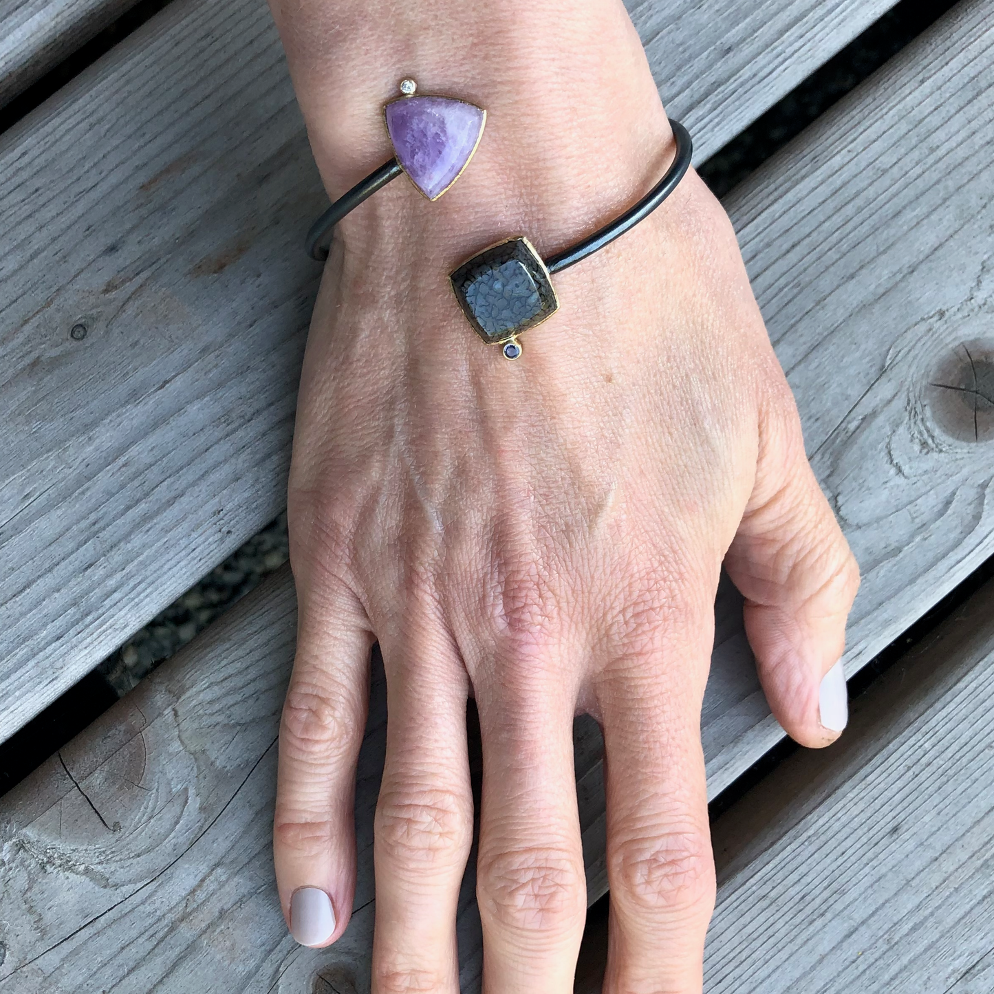 Dinosaur Bone, Amethyst, Diamond, and Sapphire Bracelet, Handmade in 14k Gold and Sterling Silver