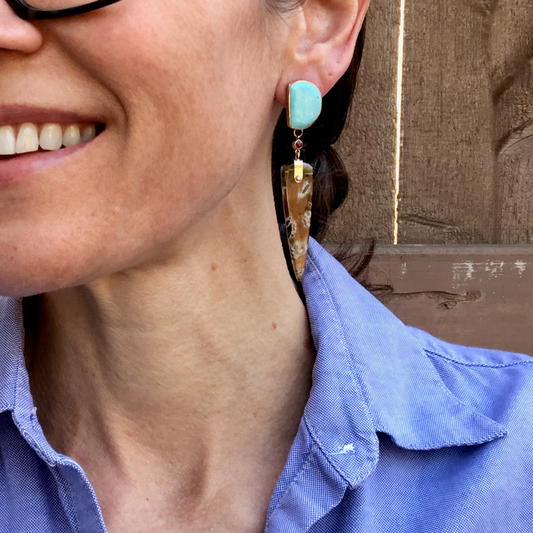 Turquoise, Garnet, and Stick Agate Gold Earrings