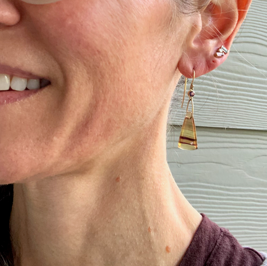 Rainbow Fluorite, Amethyst, and Diamond Gold Earrings